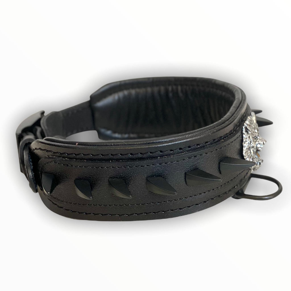 Handmade Black Leather Dog Collar: Wolf Logo & Spikes, 5cm Wide