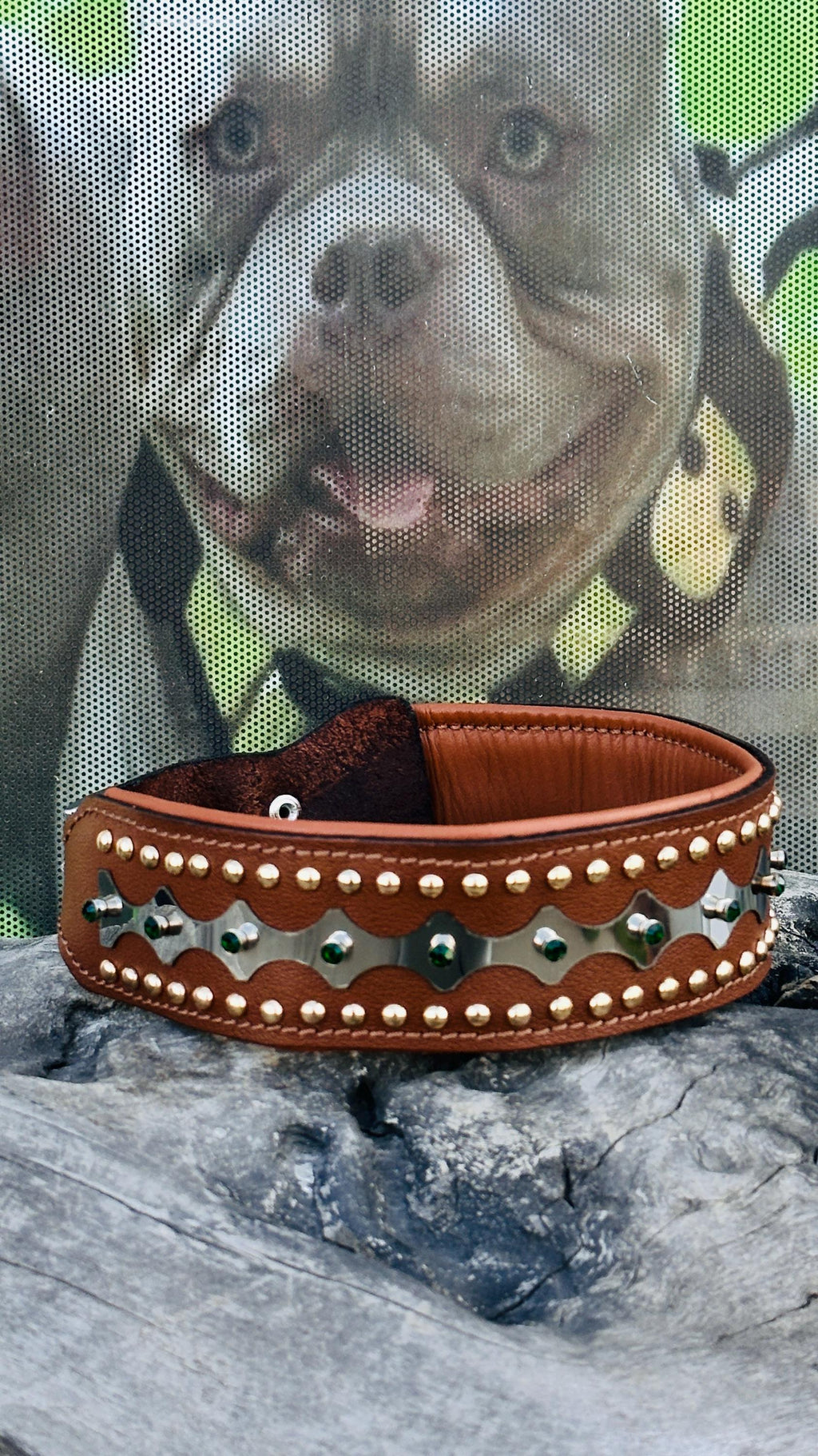 Handcrafted Leather Dog Collar with Sparkling Crystals – Elegant and Durable