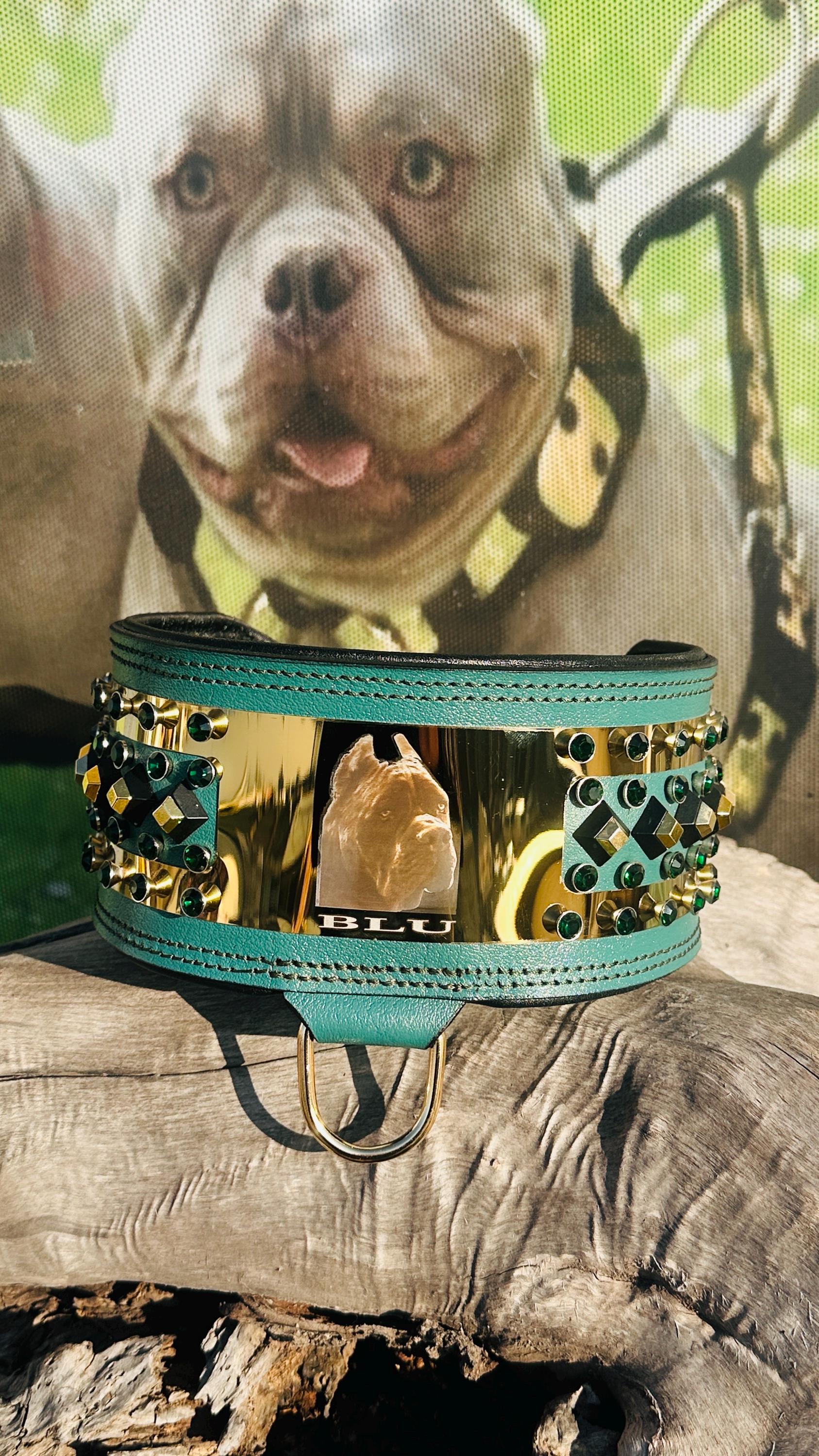 Custom Leather Dog Collar: Laser Engraved Photo, Crystal Accents