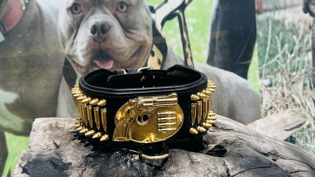8cm 3.15’’ Wide Handmade Bullet Dog Collar – Real Buffalo Leather Gun Design Collar for Cane Corso, Rottweiler, Kangal & Large Breeds