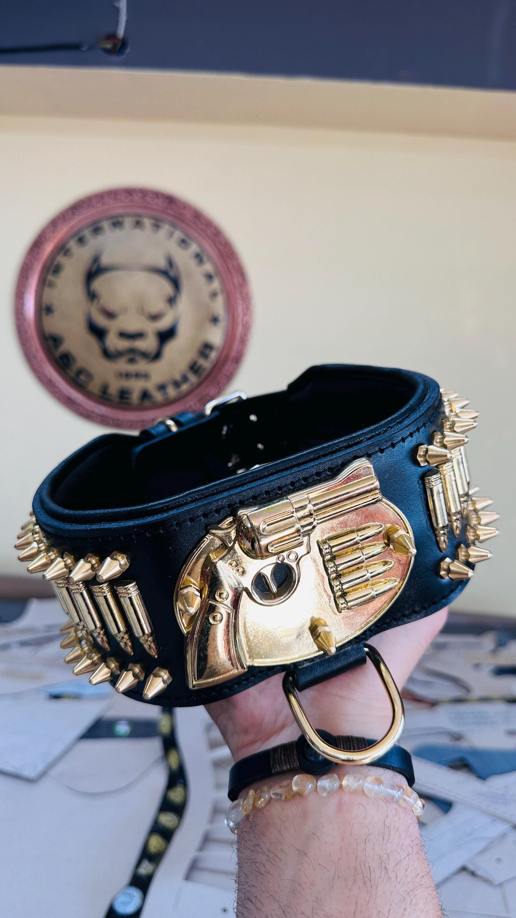 8cm 3.15’’ Wide Handmade Bullet Dog Collar – Real Buffalo Leather Gun Design Collar for Cane Corso, Rottweiler, Kangal & Large Breeds