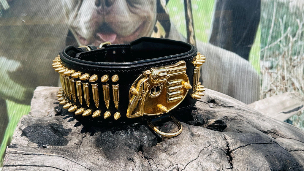 8cm 3.15’’ Wide Handmade Bullet Dog Collar – Real Buffalo Leather Gun Design Collar for Cane Corso, Rottweiler, Kangal & Large Breeds