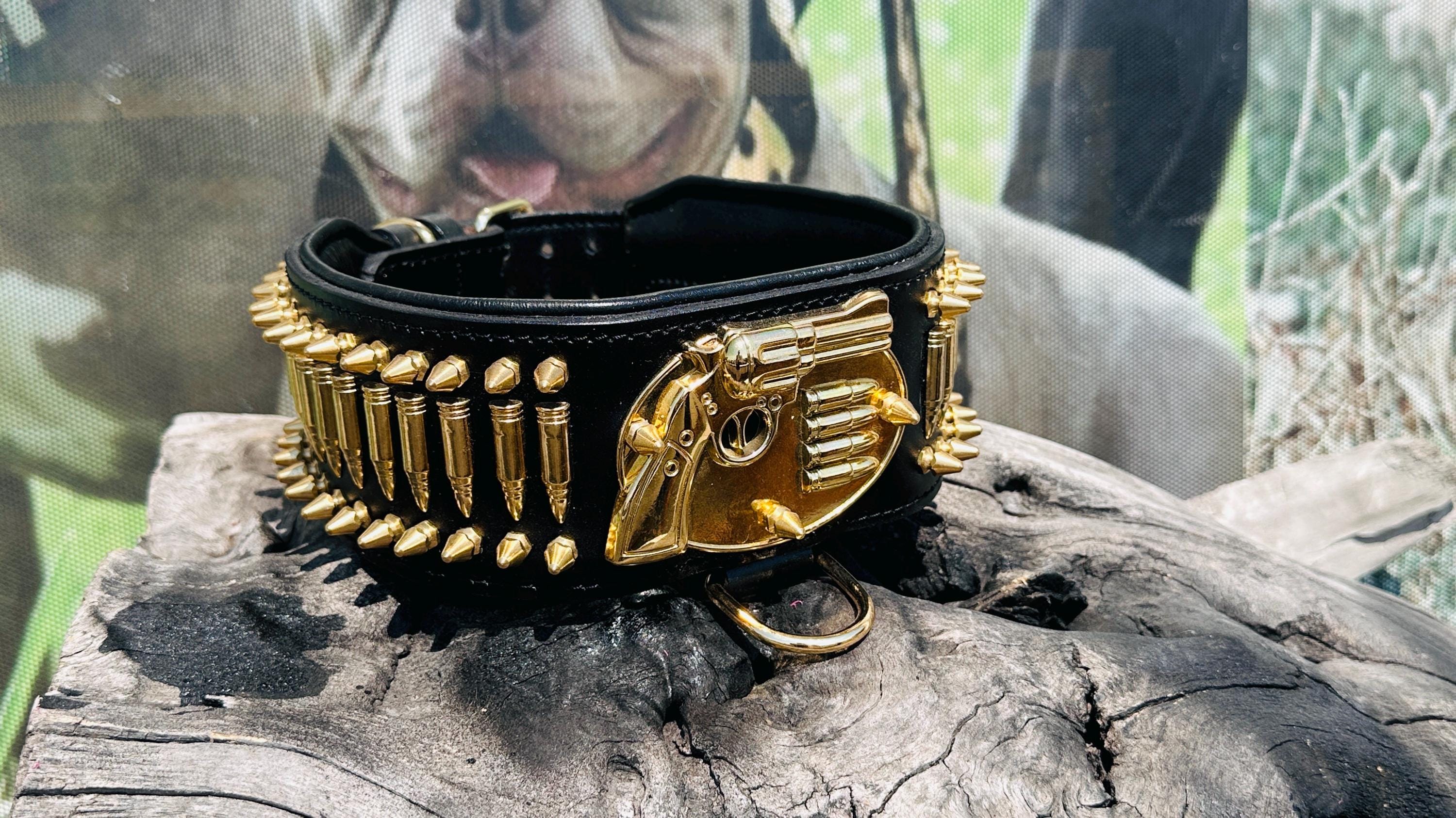 8cm 3.15’’ Wide Handmade Bullet Dog Collar – Real Buffalo Leather Gun Design Collar for Cane Corso, Rottweiler, Kangal & Large Breeds