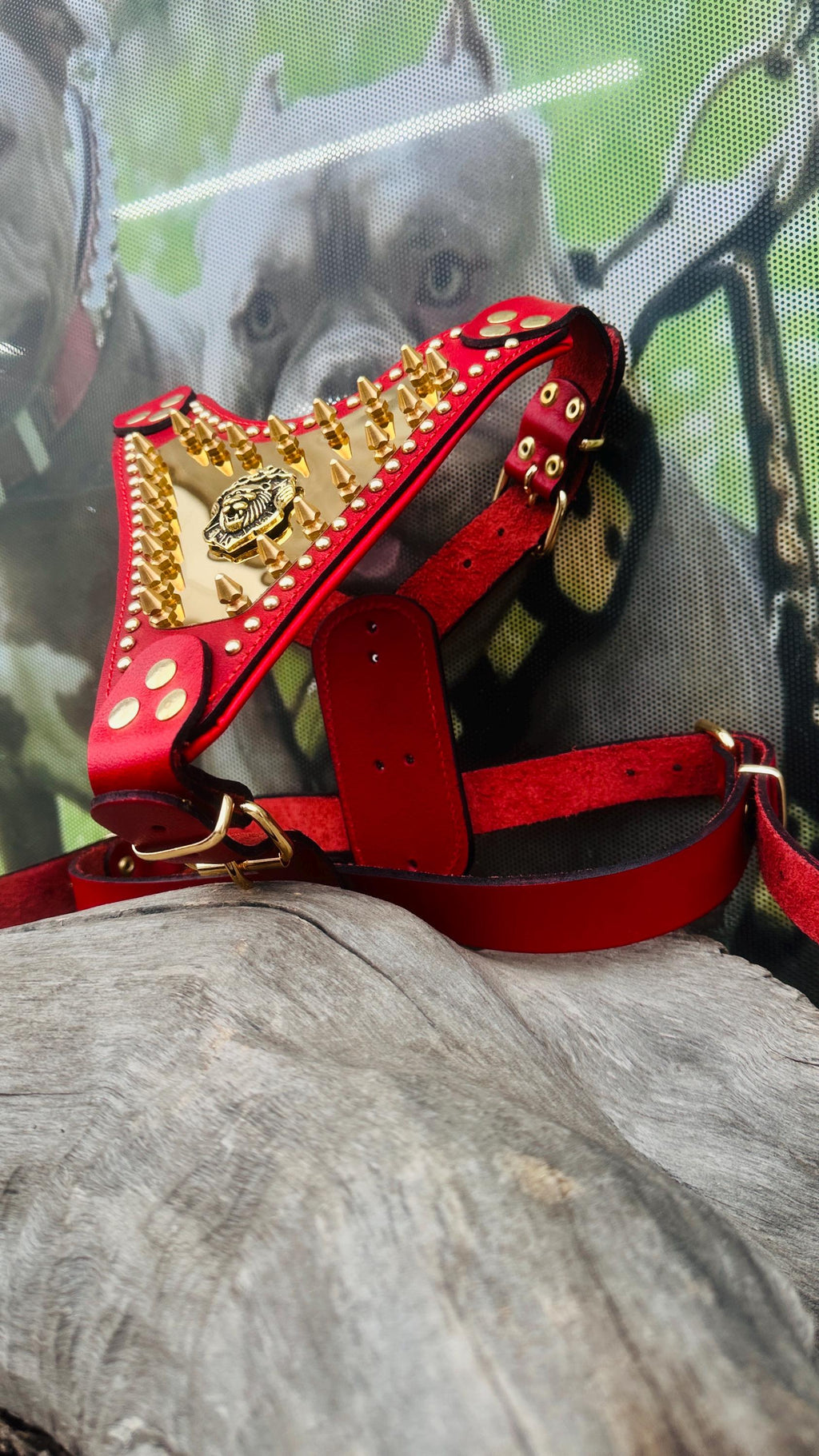 Handmade Buffalo Leather Dog Harness: Gold Hardware, Lion Emblem