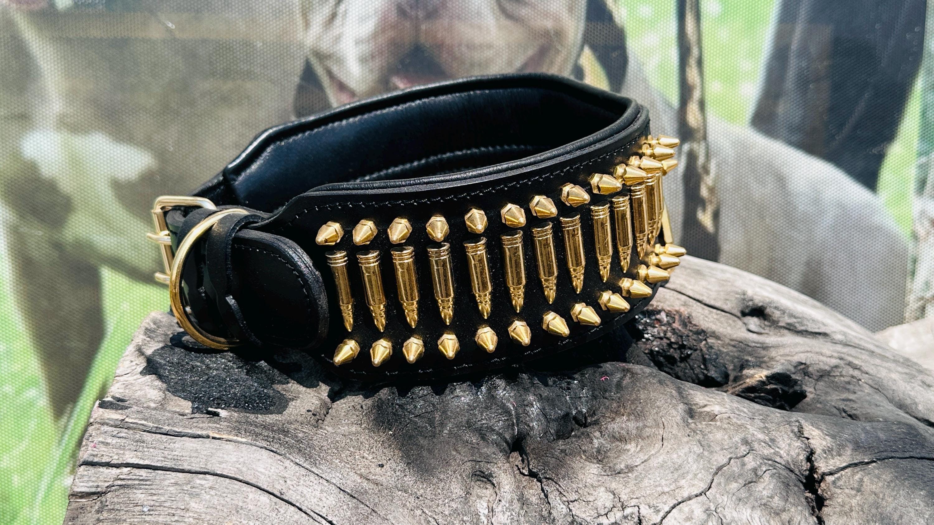 8cm 3.15’’ Wide Handmade Bullet Dog Collar – Real Buffalo Leather Gun Design Collar for Cane Corso, Rottweiler, Kangal & Large Breeds