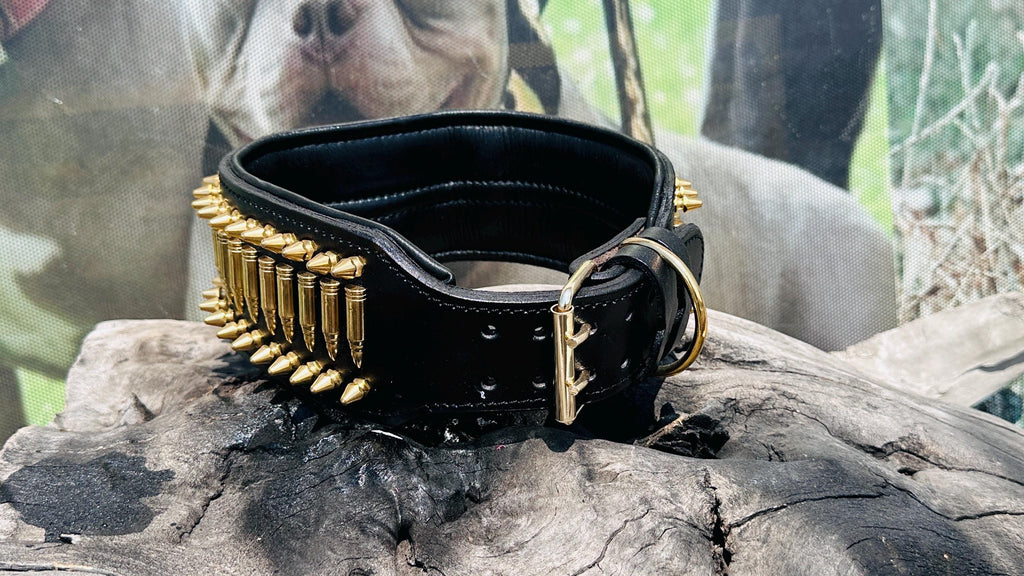 8cm 3.15’’ Wide Handmade Bullet Dog Collar – Real Buffalo Leather Gun Design Collar for Cane Corso, Rottweiler, Kangal & Large Breeds