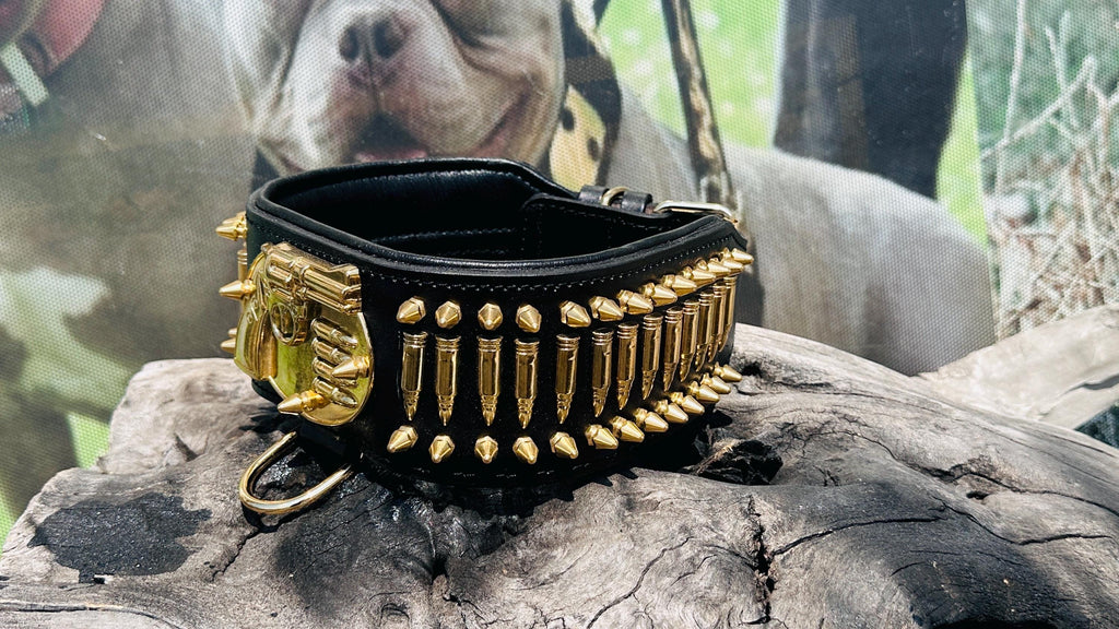 8cm 3.15’’ Wide Handmade Bullet Dog Collar – Real Buffalo Leather Gun Design Collar for Cane Corso, Rottweiler, Kangal & Large Breeds