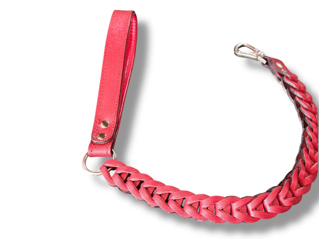 Handmade Braided Leather Dog Leash: 80cm Red Buffalo Leather Lead