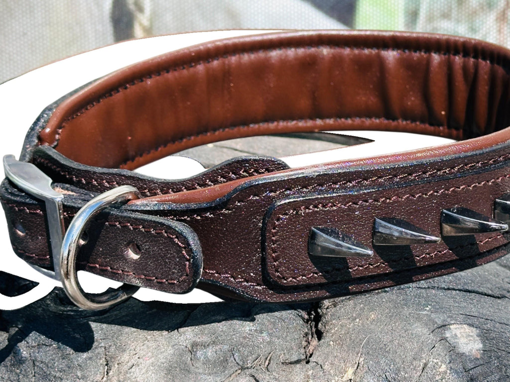 Handmade brown leather dog collar with spiked details and lion head emblem by A&C Dog Collars