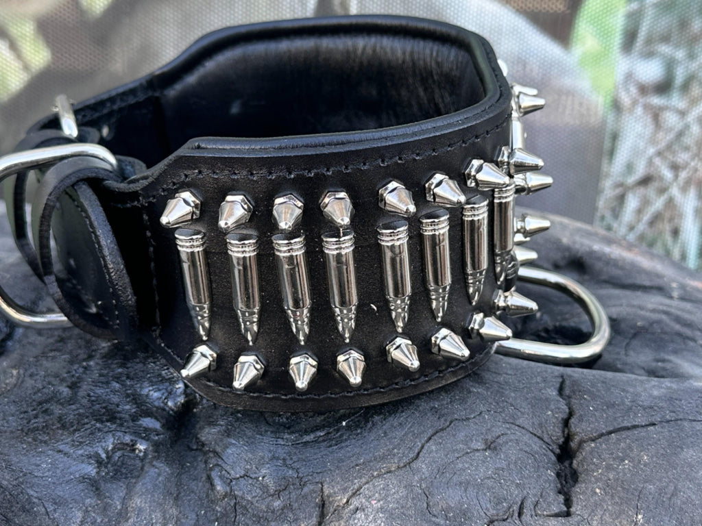 Handmade 8cm Wide Dog Collar with Bullets & Custom Laser Photo Plate – Heavy Duty for Cane Corso, Kangal, Rottweiler
