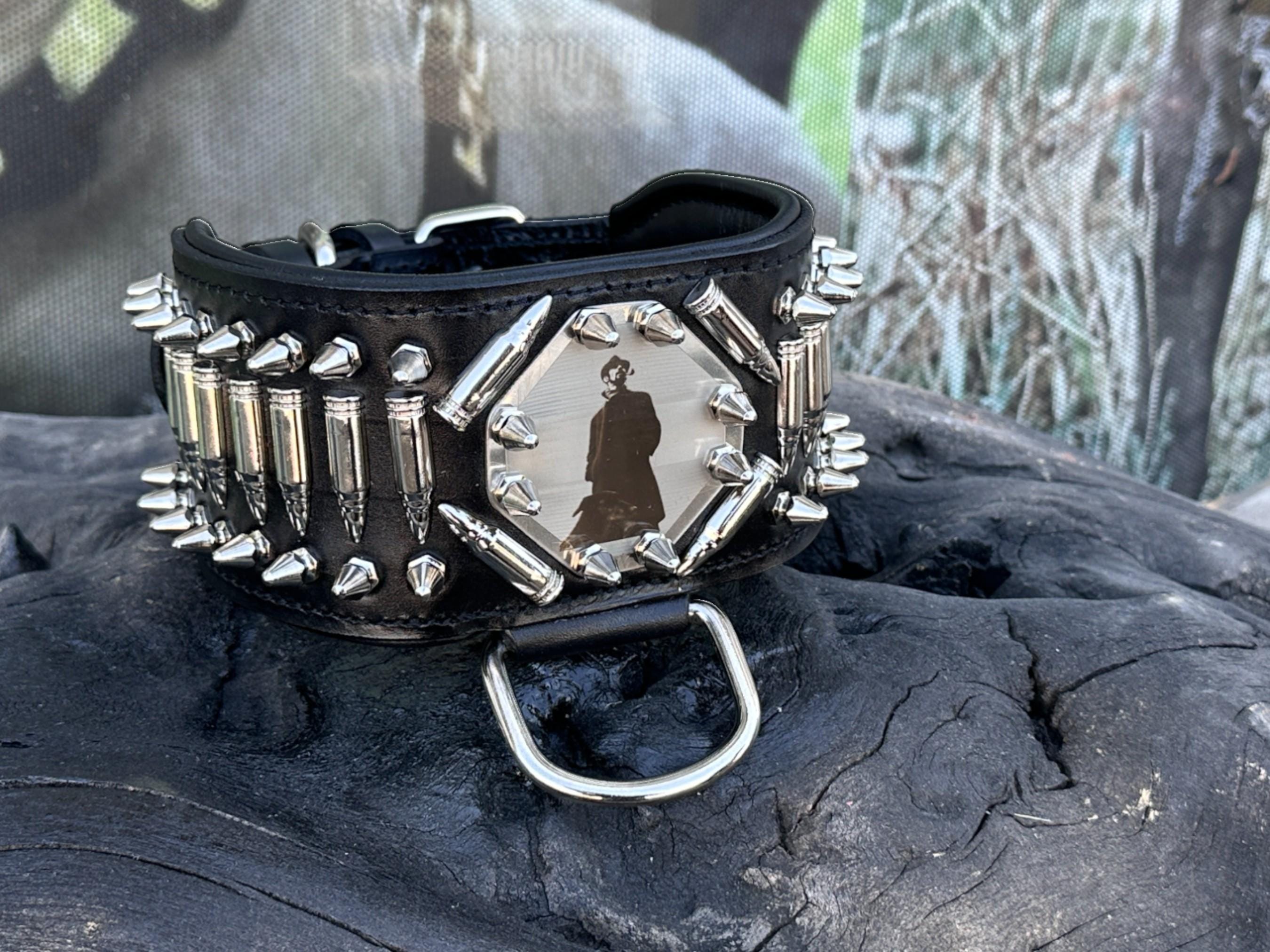 Handmade 8cm Wide Dog Collar with Bullets & Custom Laser Photo Plate – Heavy Duty for Cane Corso, Kangal, Rottweiler