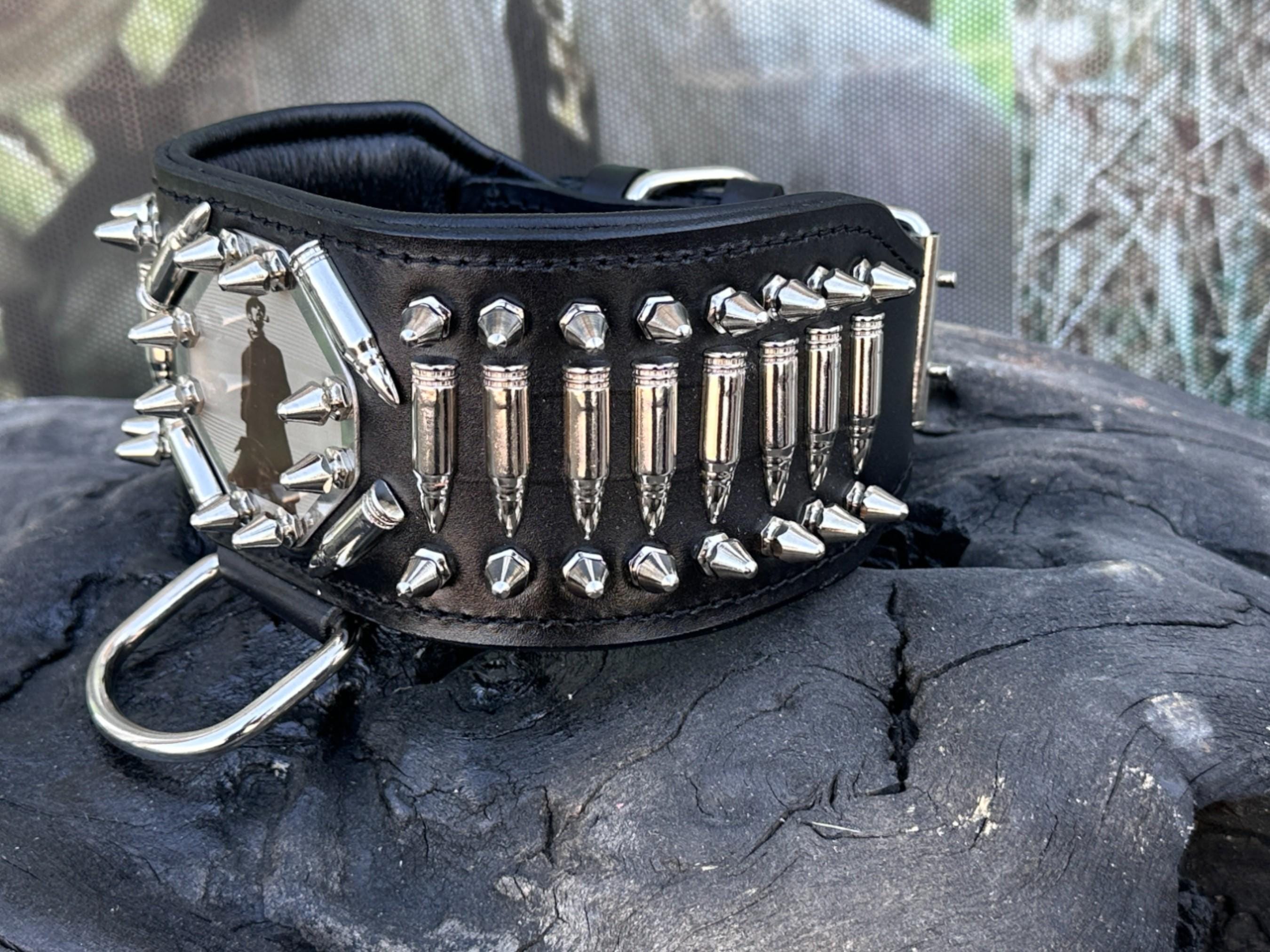 Handmade 8cm Wide Dog Collar with Bullets & Custom Laser Photo Plate – Heavy Duty for Cane Corso, Kangal, Rottweiler