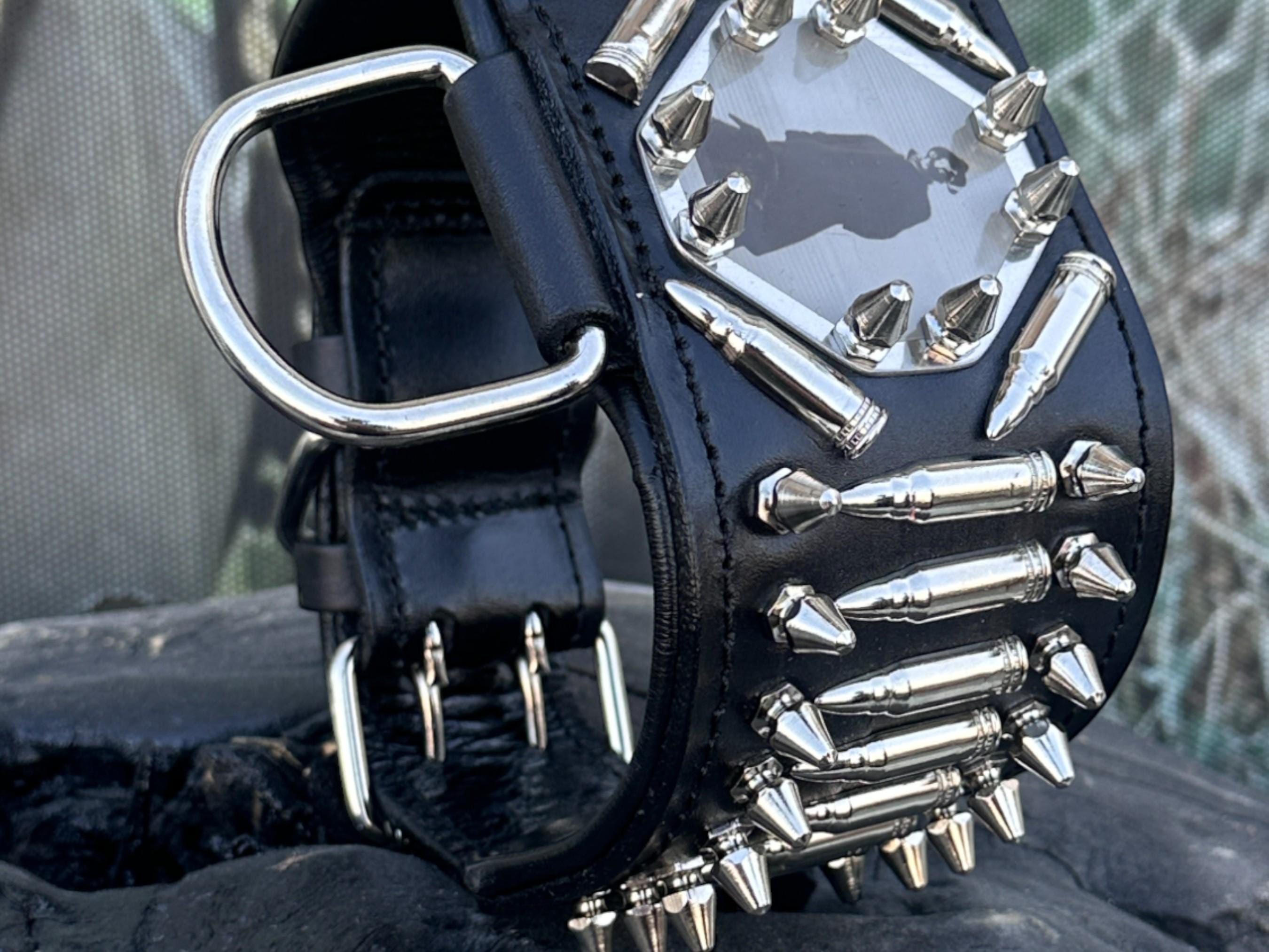 Handmade 8cm Wide Dog Collar with Bullets & Custom Laser Photo Plate – Heavy Duty for Cane Corso, Kangal, Rottweiler