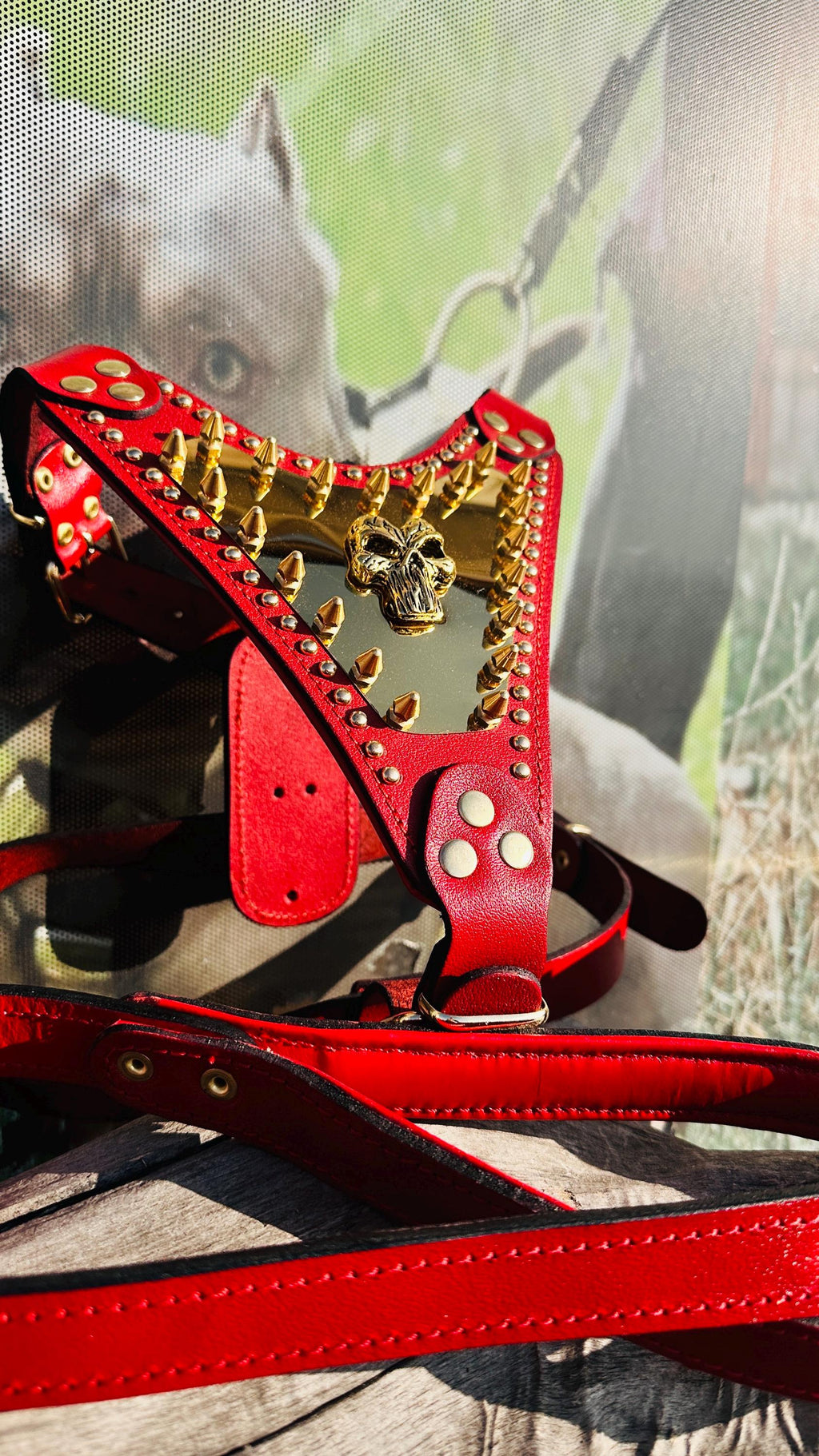 Handmade Red Leather Dog Harness – Spiked Punisher Plate, Cane Corso