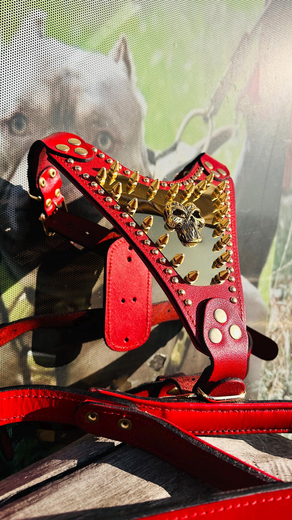 Handmade Red Leather Dog Harness – Spiked Punisher Plate, Cane Corso