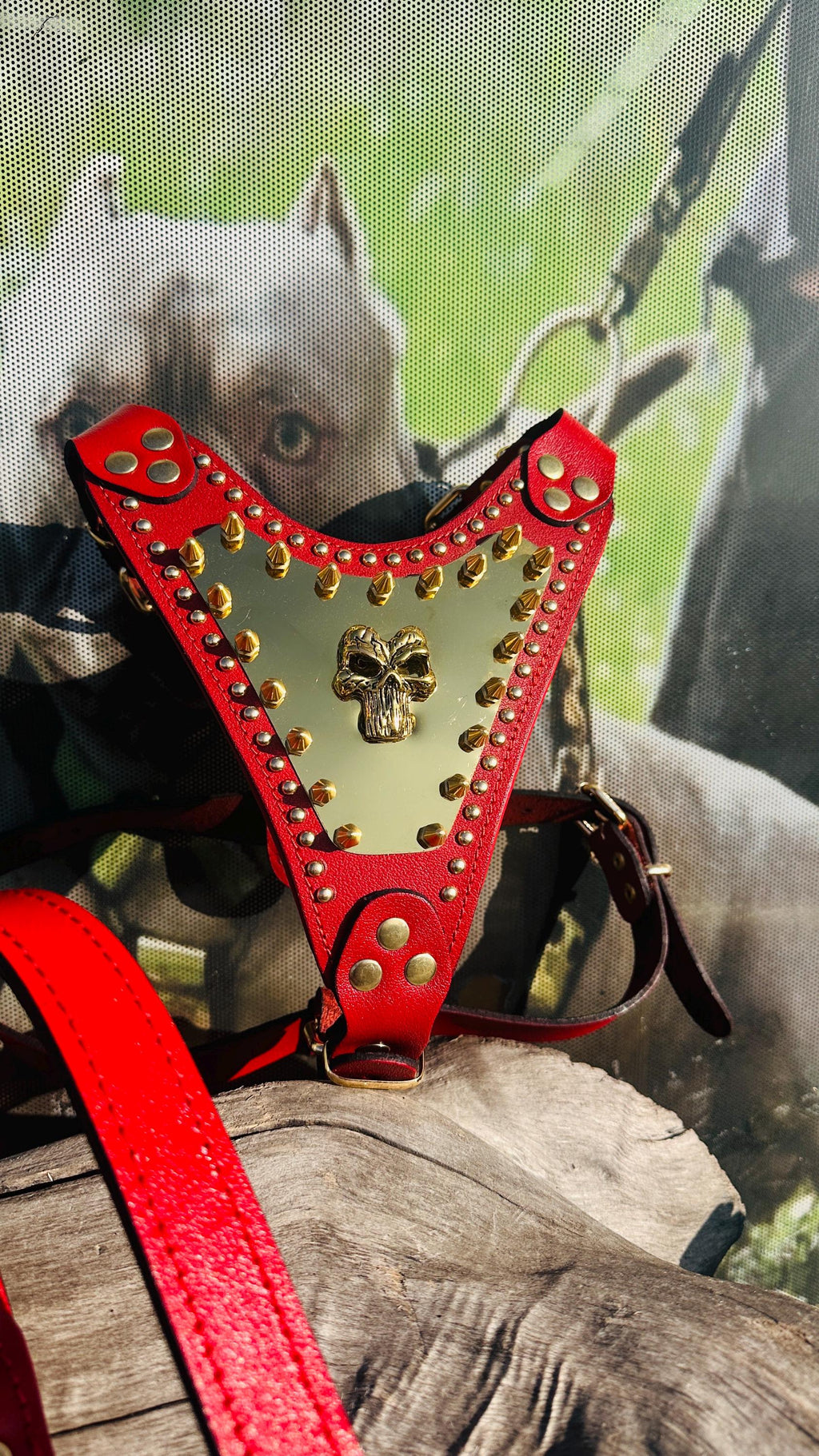 Handmade Red Leather Dog Harness – Spiked Punisher Plate, Cane Corso