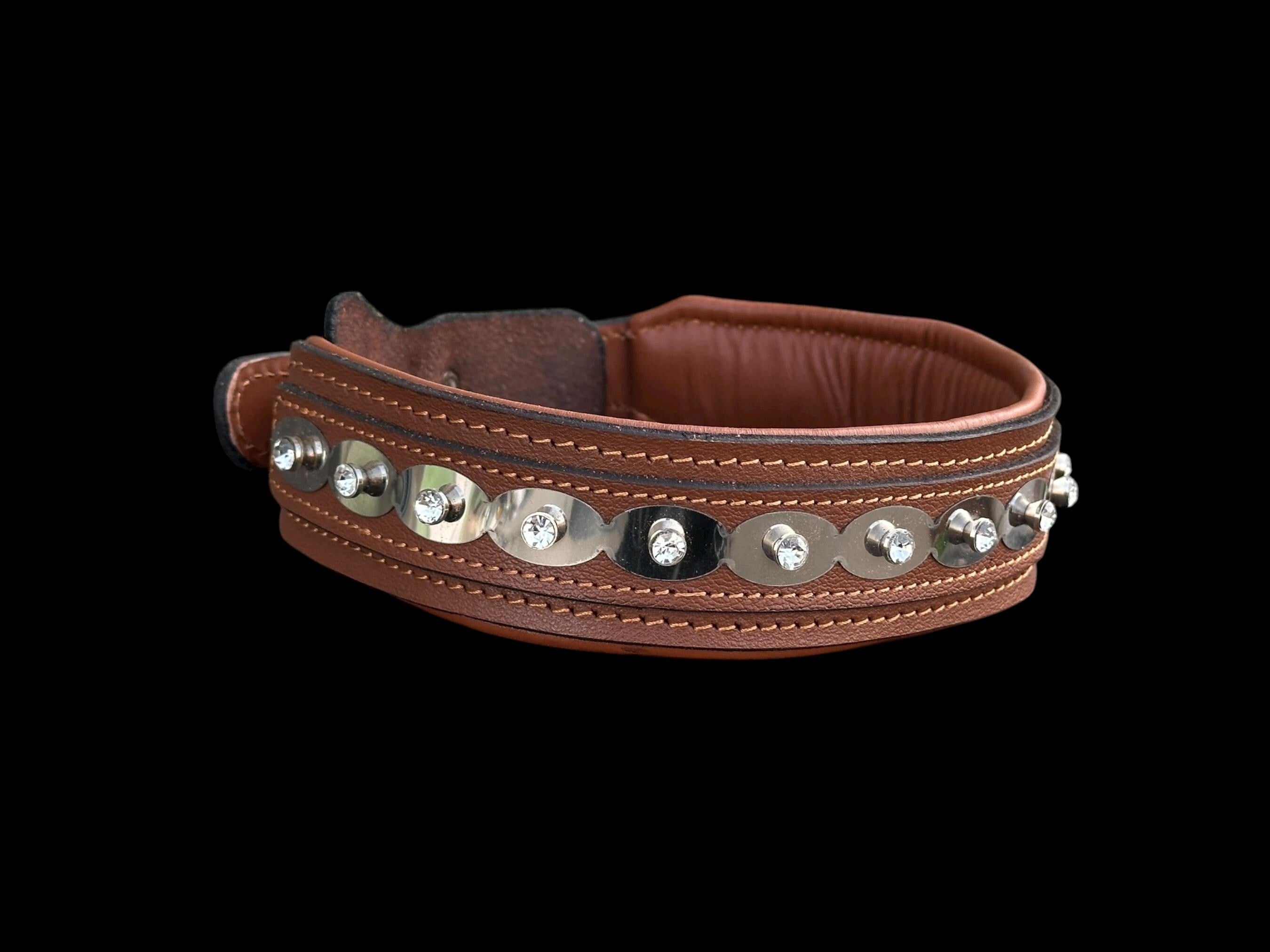 Buffalo Leather Crystal Dog Collar – Handmade Brown Silver Edition