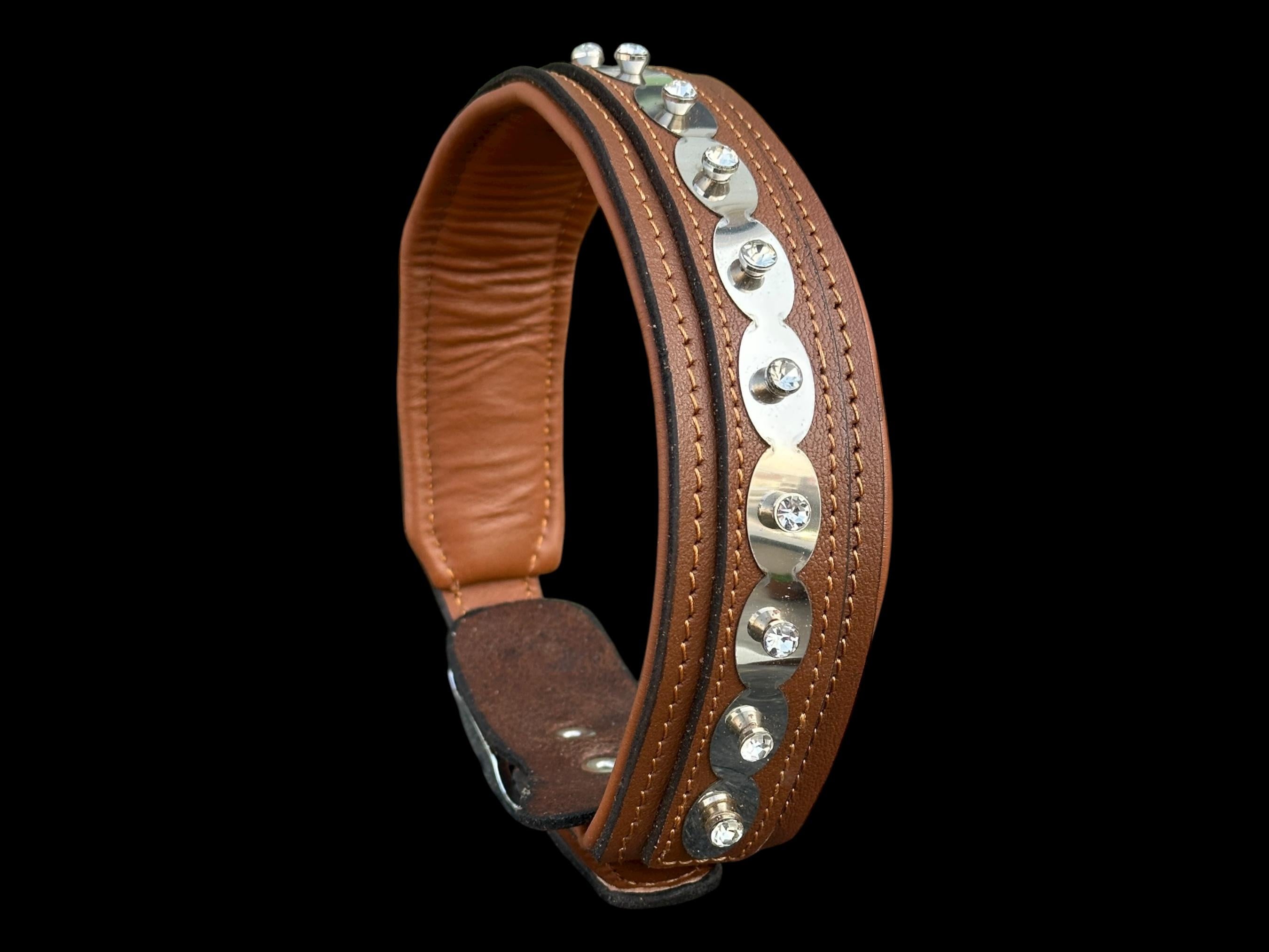 Buffalo Leather Crystal Dog Collar – Handmade Brown Silver Edition