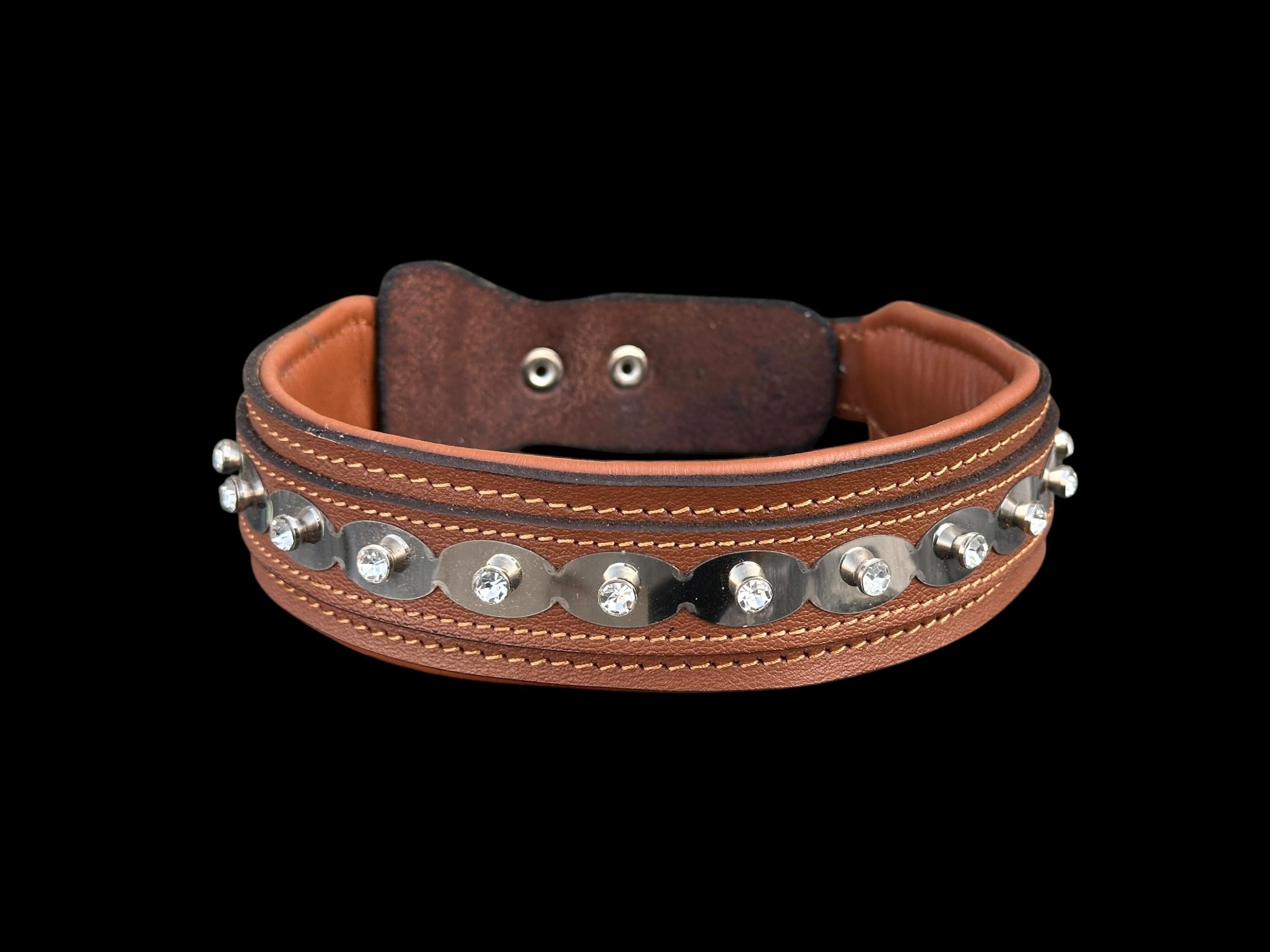 Buffalo Leather Crystal Dog Collar – Handmade Brown Silver Edition
