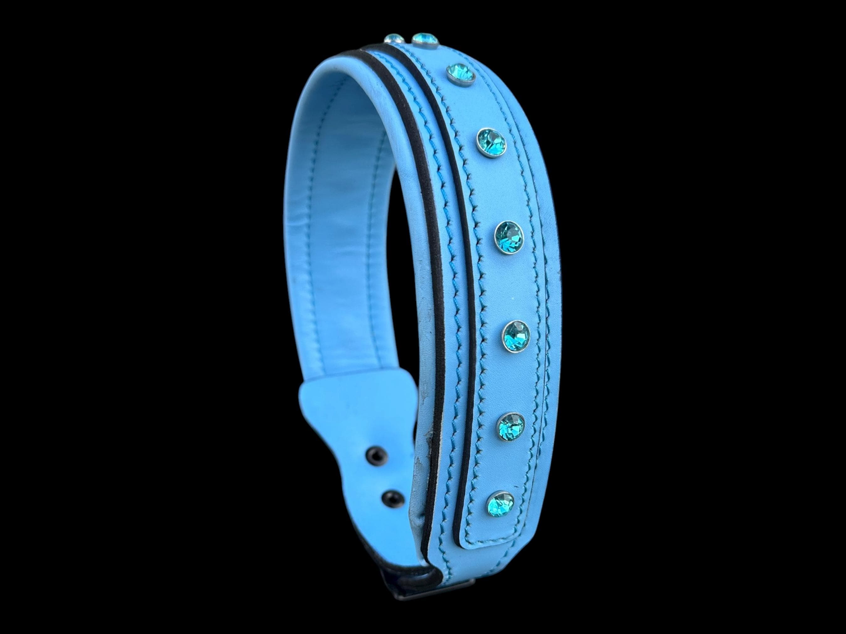 Blue Crystal Leather Dog Collar – Handmade Buffalo Leather
