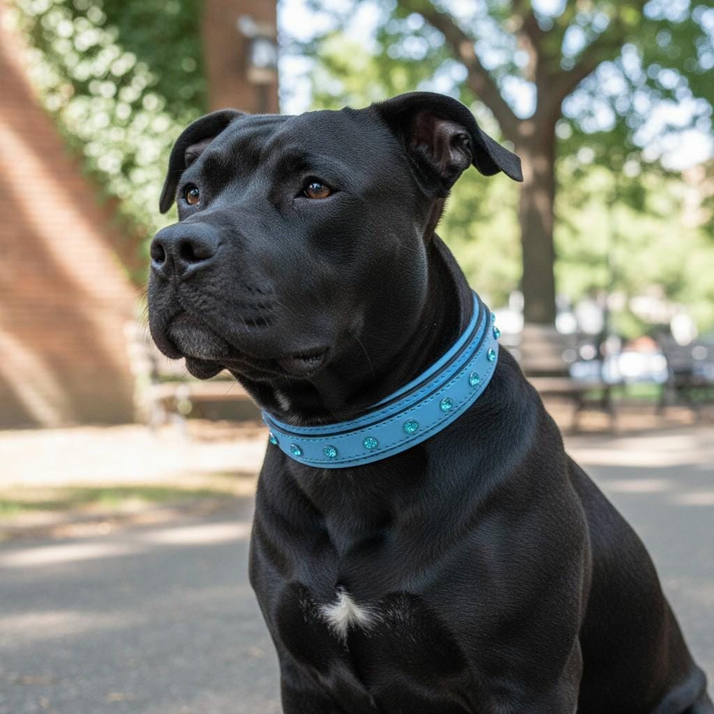 Blue Crystal Leather Dog Collar – Handmade Buffalo Leather