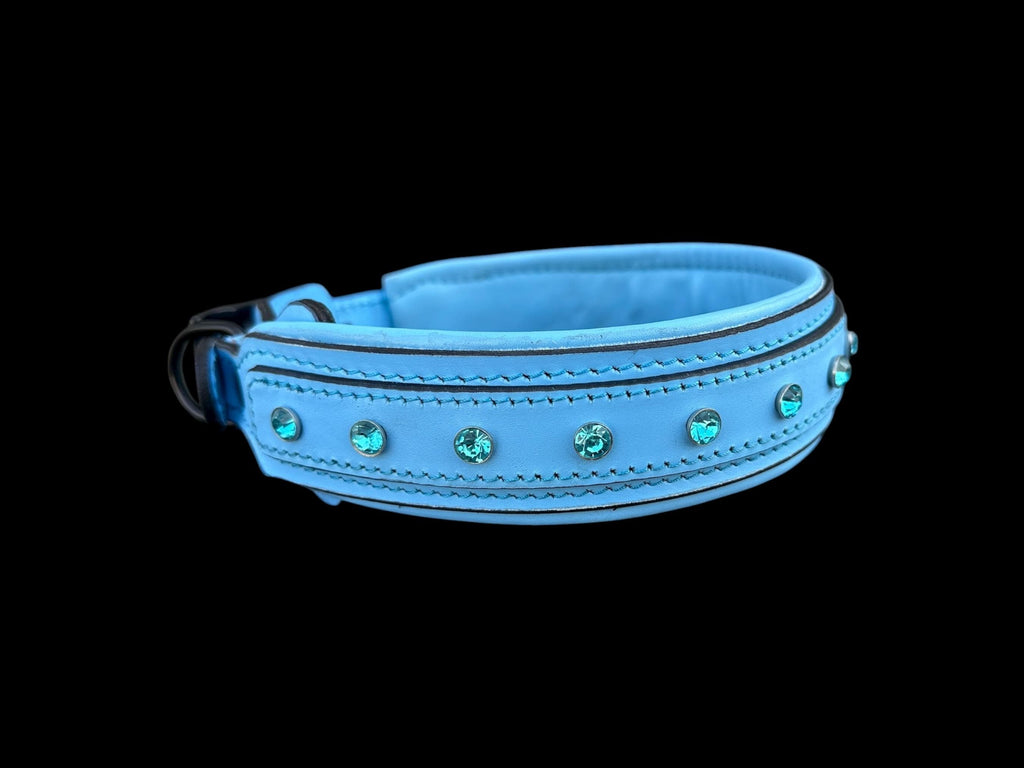 Blue Crystal Leather Dog Collar – Handmade Buffalo Leather