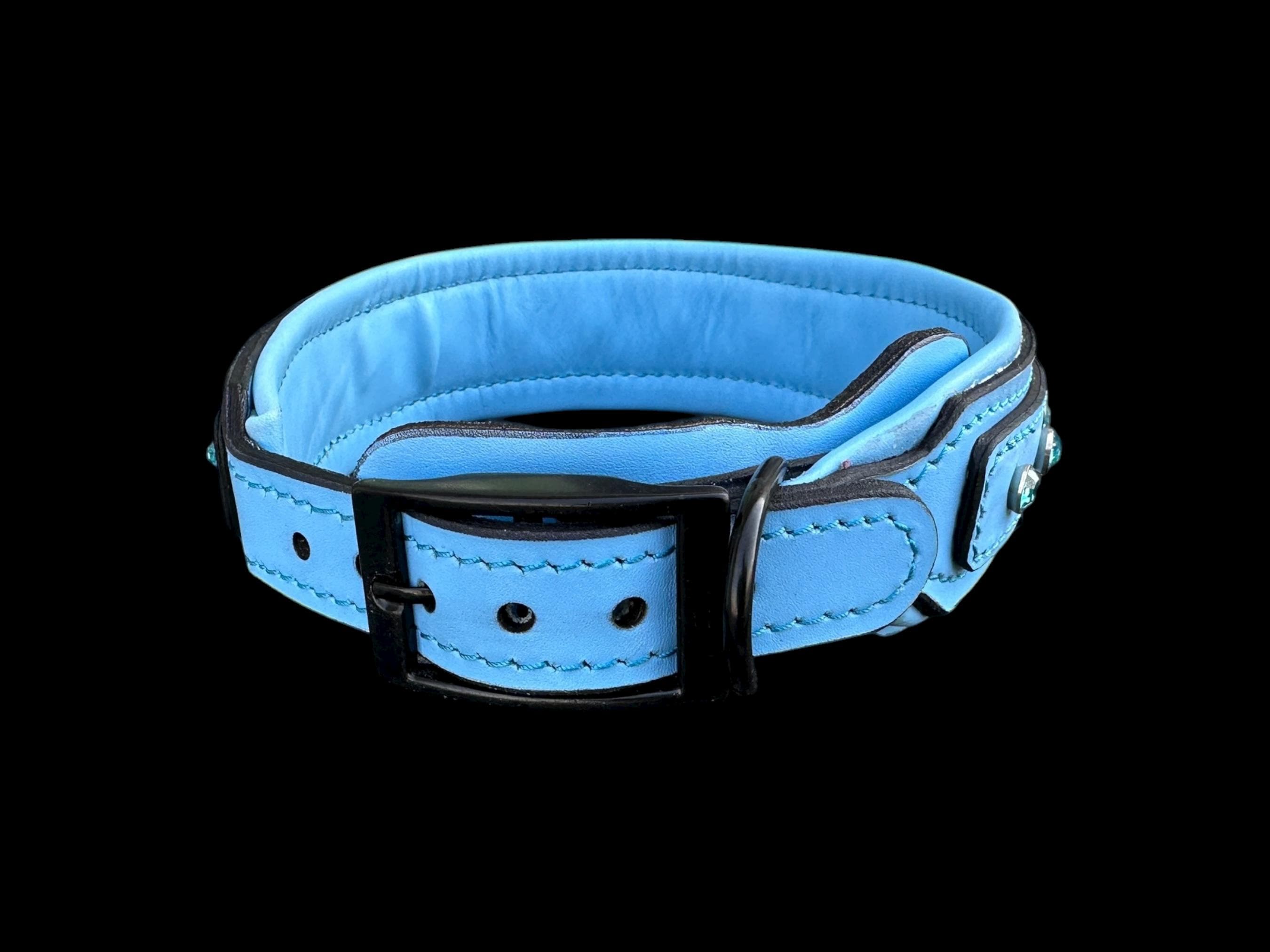 Blue Crystal Leather Dog Collar – Handmade Buffalo Leather