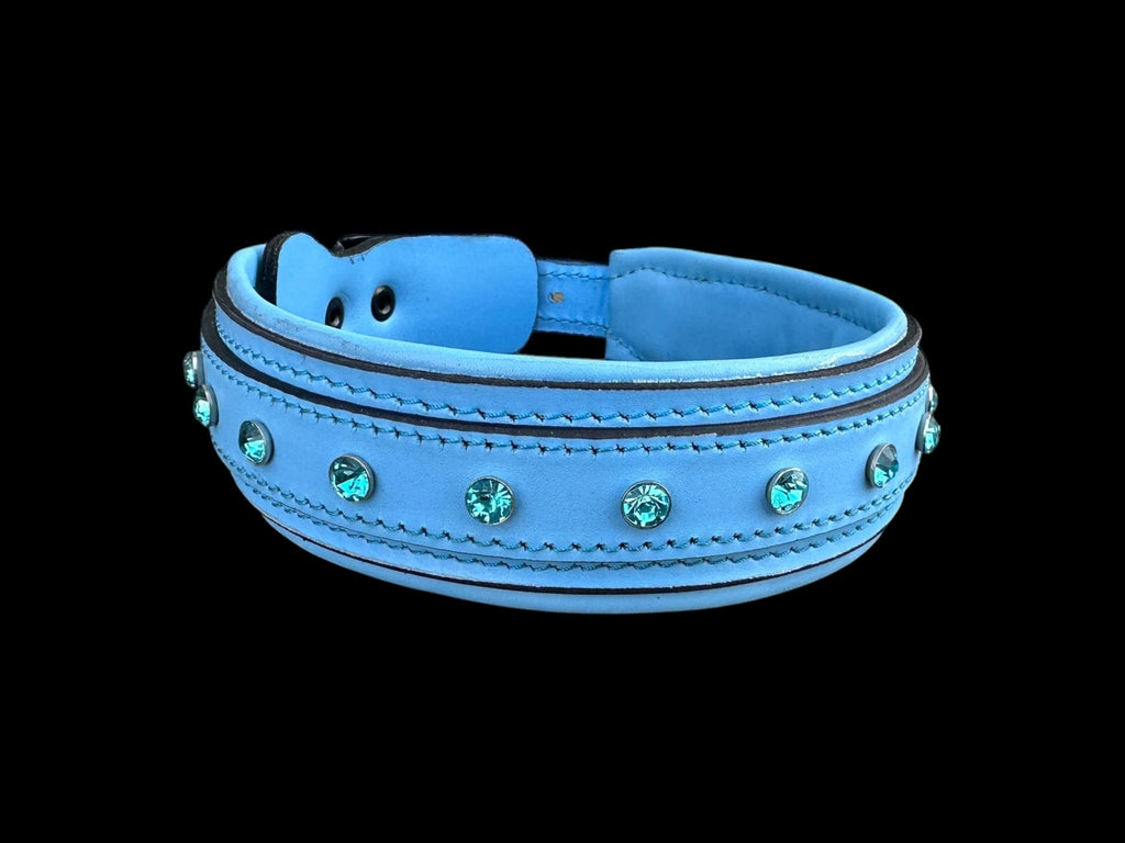 Blue Crystal Leather Dog Collar – Handmade Buffalo Leather