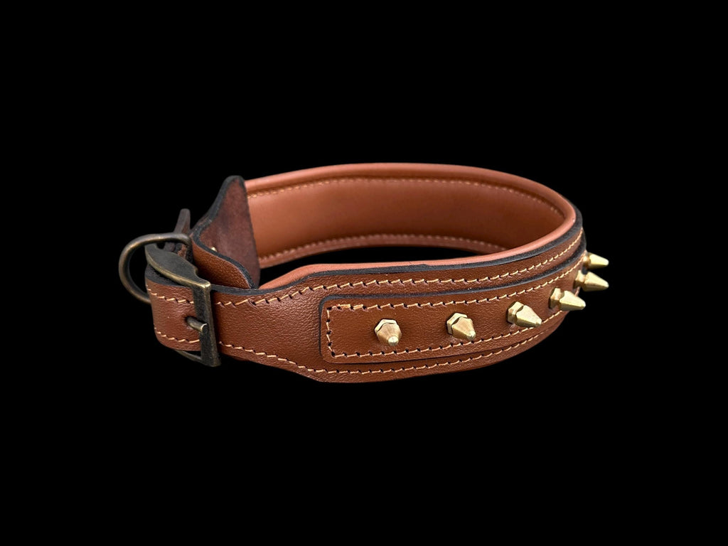 Brown Leather Dog Collar with Gold Spikes – 4cm Handmade Strong Breed Design