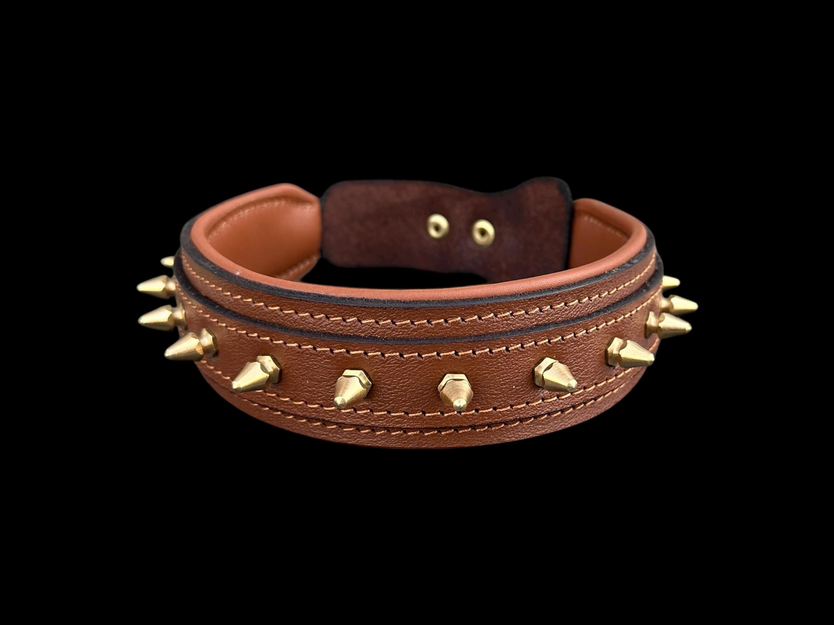 Brown Leather Dog Collar with Gold Spikes – 4cm Handmade Strong Breed Design