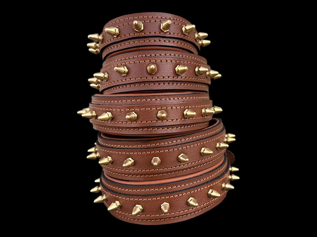 Brown Leather Dog Collar with Gold Spikes – 4cm Handmade Strong Breed Design