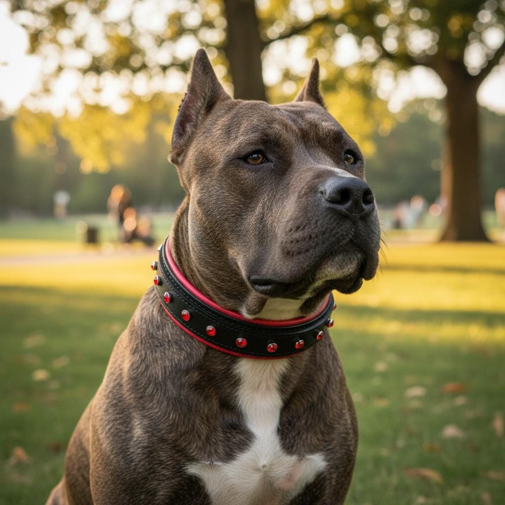 Black Leather Dog Collar: Red Crystals, Buffalo Leather, Heavy Duty