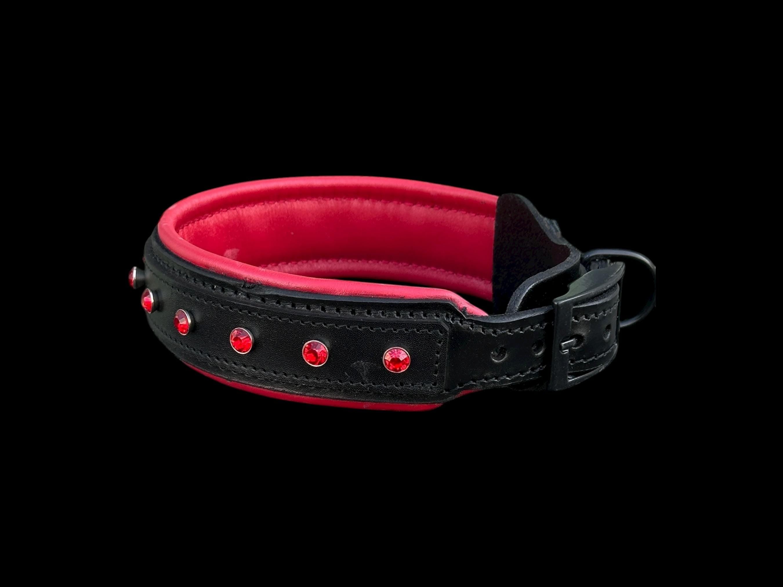 Black Leather Dog Collar: Red Crystals, Buffalo Leather, Heavy Duty