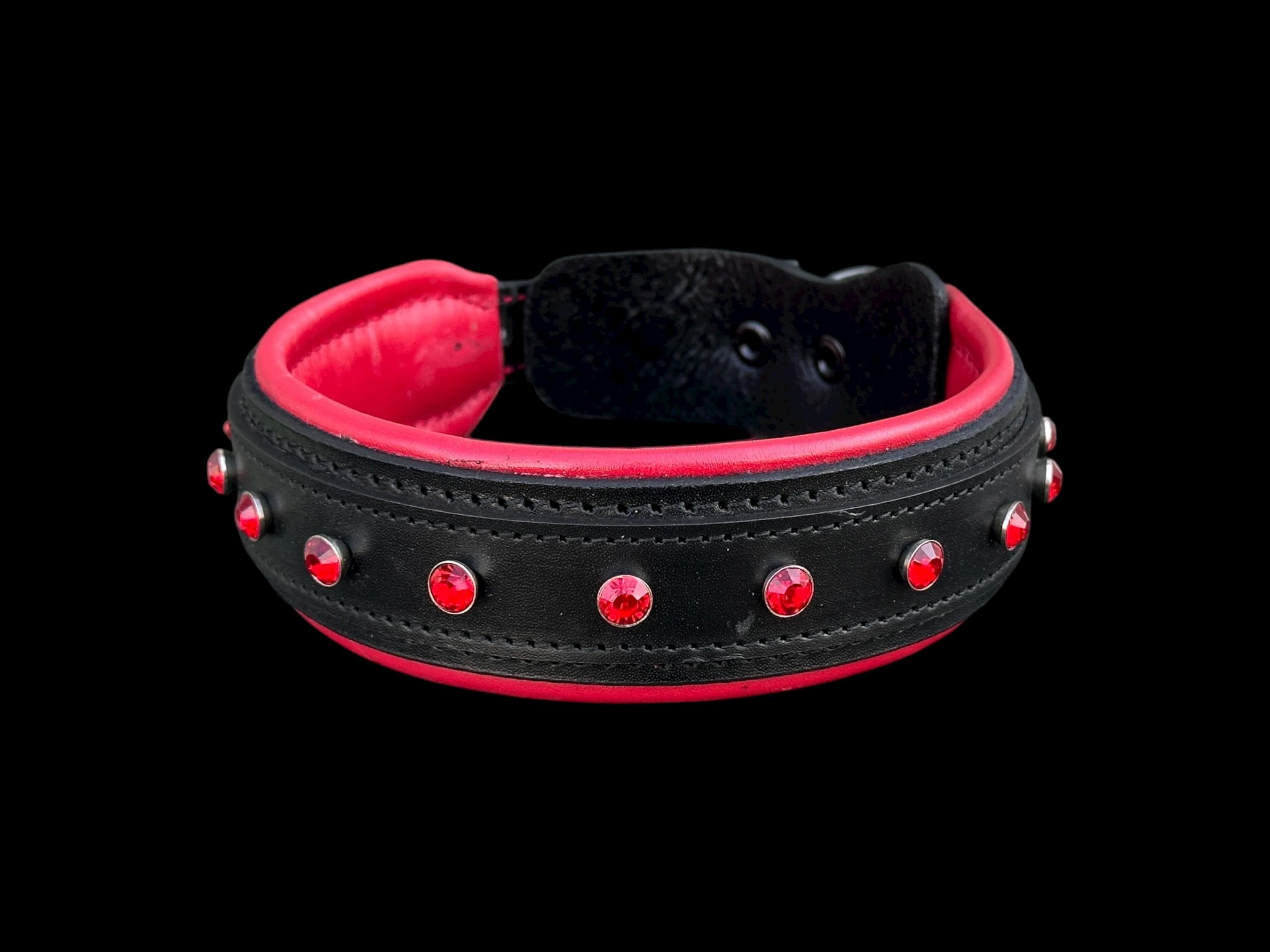 Black Leather Dog Collar: Red Crystals, Buffalo Leather, Heavy Duty