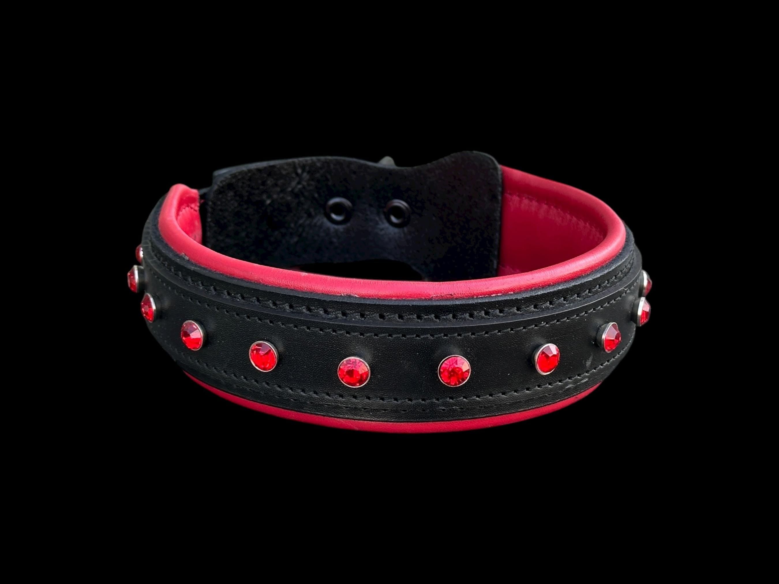 Black Leather Dog Collar: Red Crystals, Buffalo Leather, Heavy Duty
