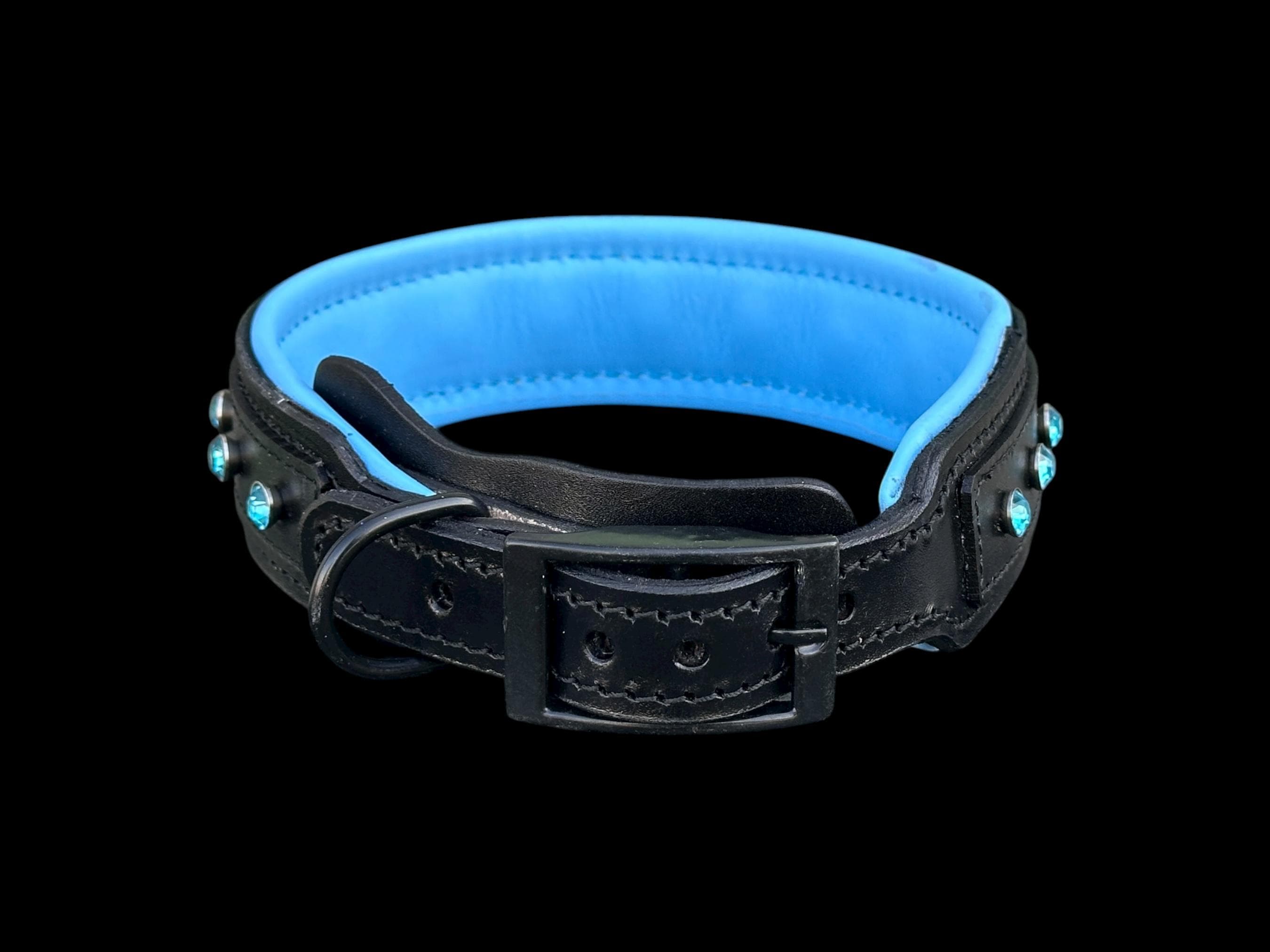Black-Blue Crystal Wide Leather Dog Collar – Handmade Strong Breed Design