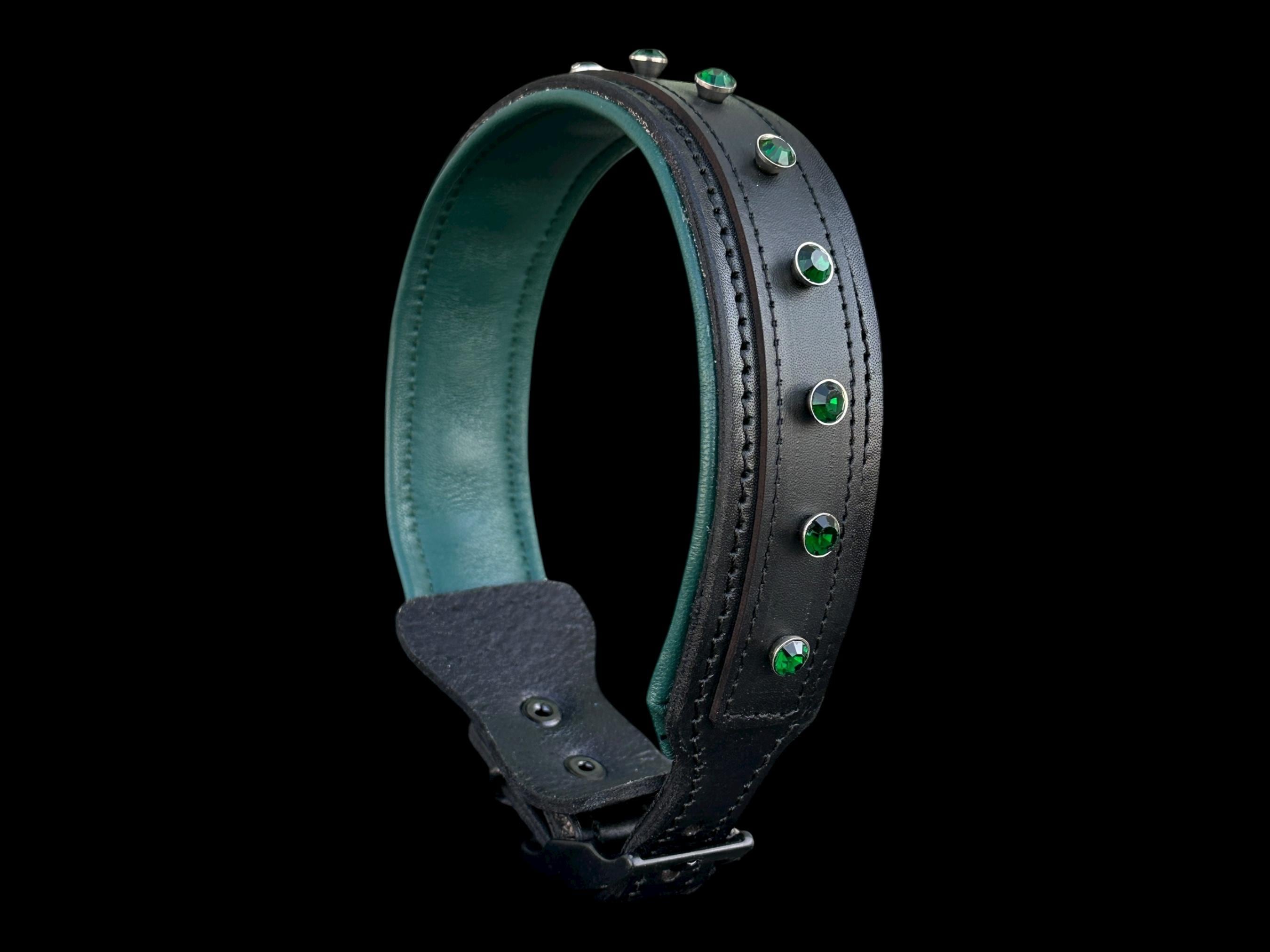Black Buffalo Leather Dog Collar • Emerald Green Crystal Stones • Handmade