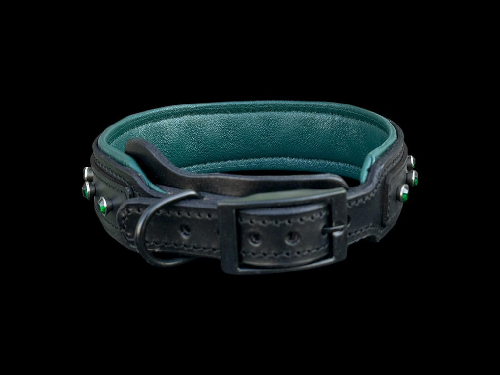 Black Buffalo Leather Dog Collar • Emerald Green Crystal Stones • Handmade