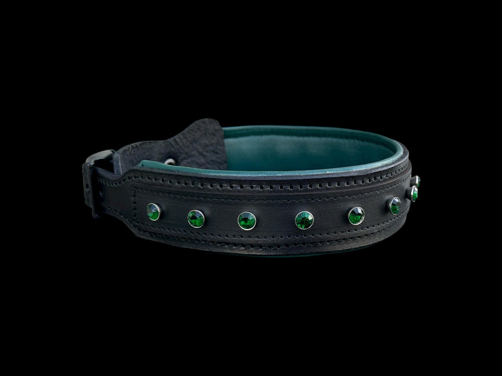 Black Buffalo Leather Dog Collar • Emerald Green Crystal Stones • Handmade