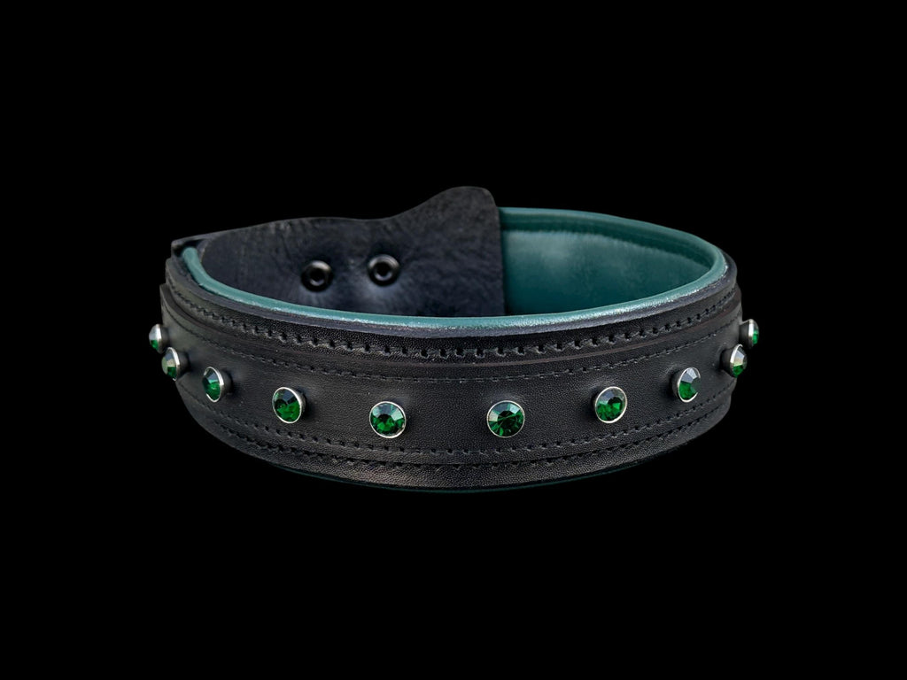 Black Buffalo Leather Dog Collar • Emerald Green Crystal Stones • Handmade