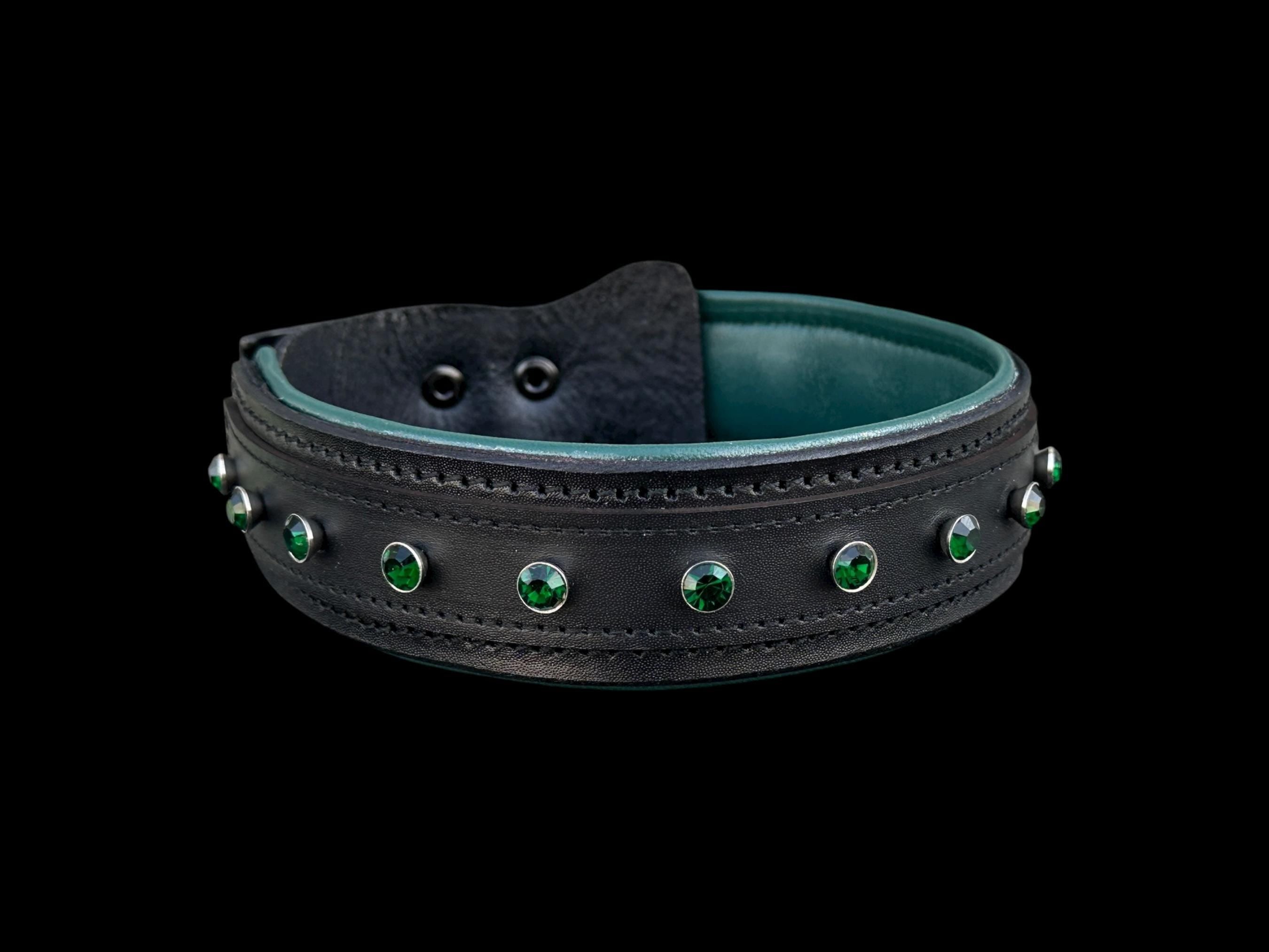 Black Buffalo Leather Dog Collar • Emerald Green Crystal Stones • Handmade