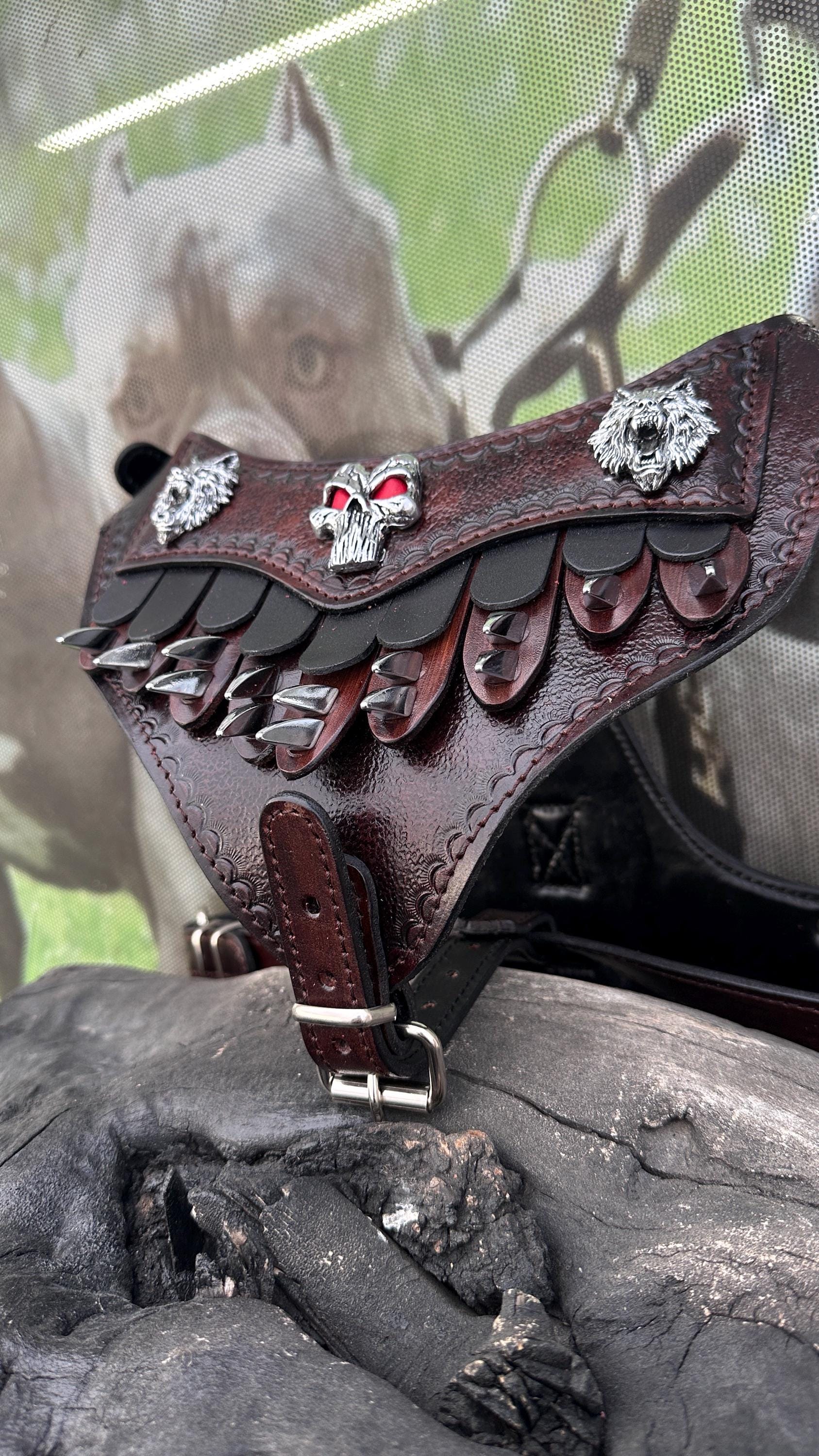 Punisher Emblem Leather Dog Harness – Handmade Warrior Chest Plate