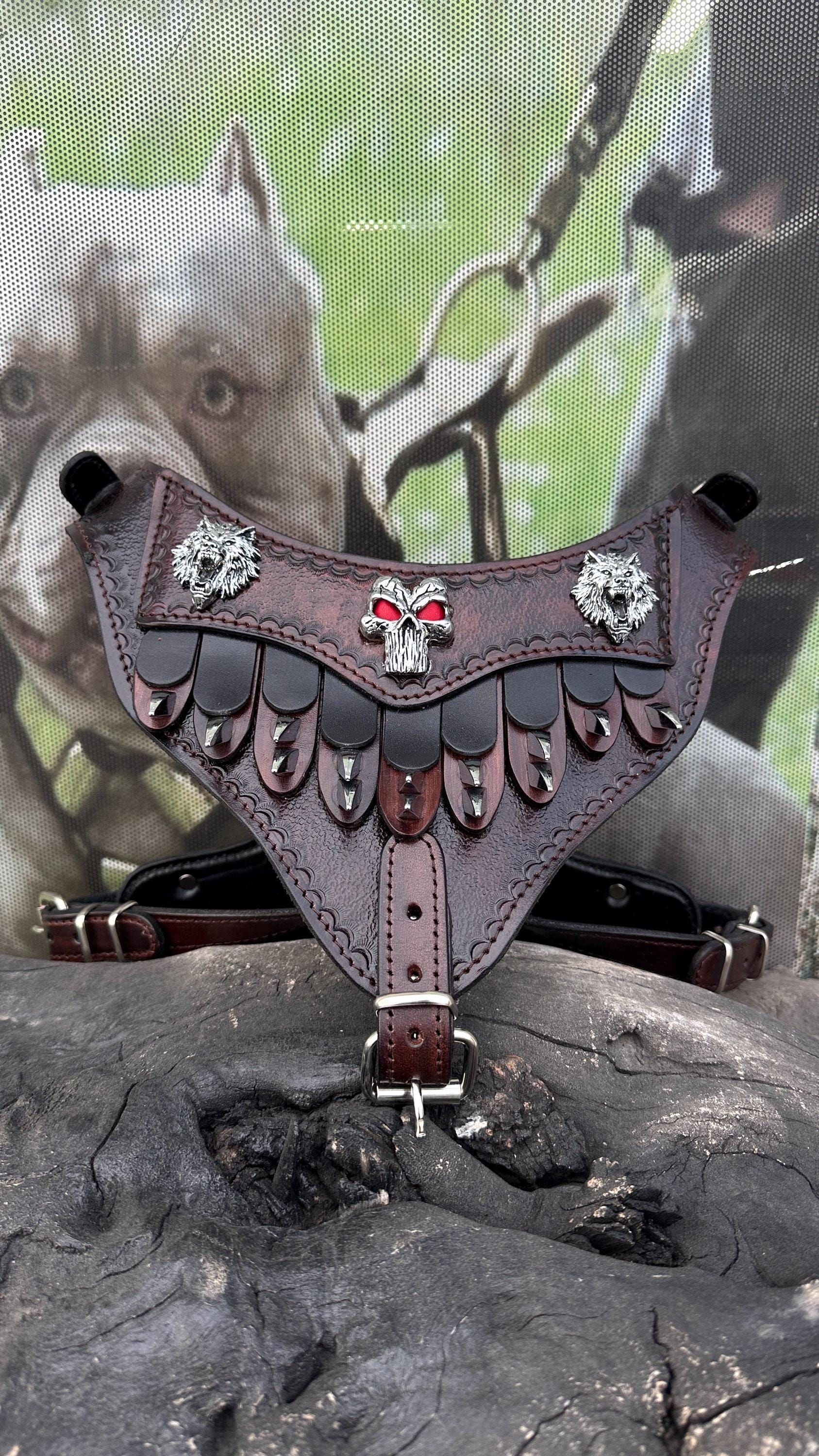 Punisher Emblem Leather Dog Harness – Handmade Warrior Chest Plate