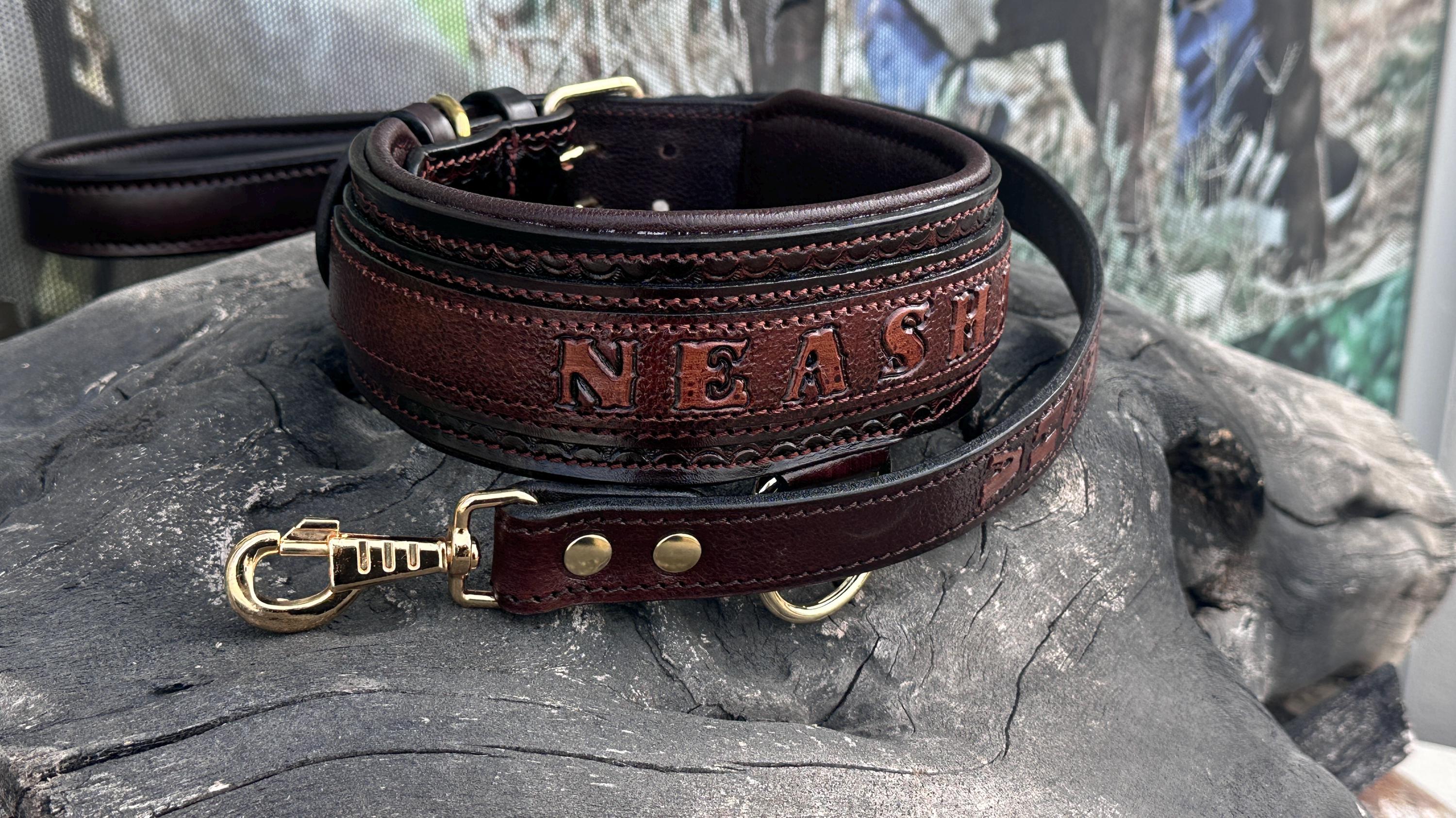 Handcrafted Leather Dog Collar & Leash Set – Custom Engraved Buffalo Leather