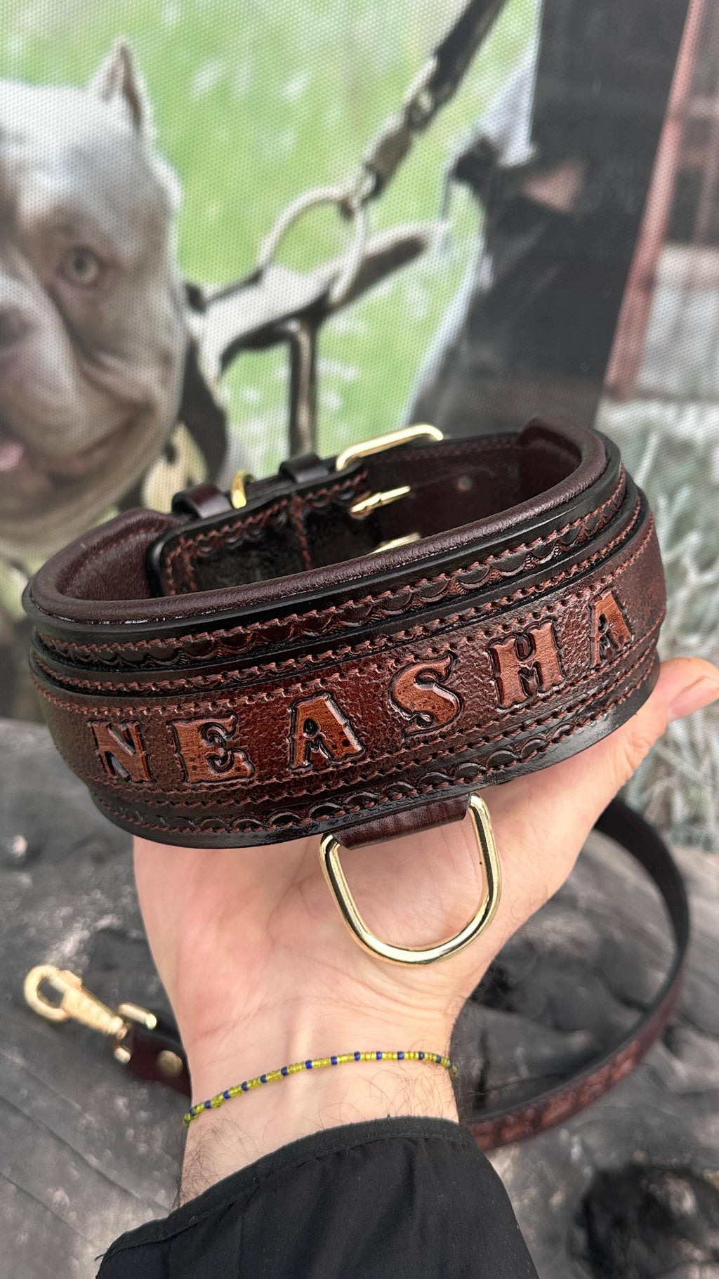 Handcrafted Leather Dog Collar & Leash Set – Custom Engraved Buffalo Leather