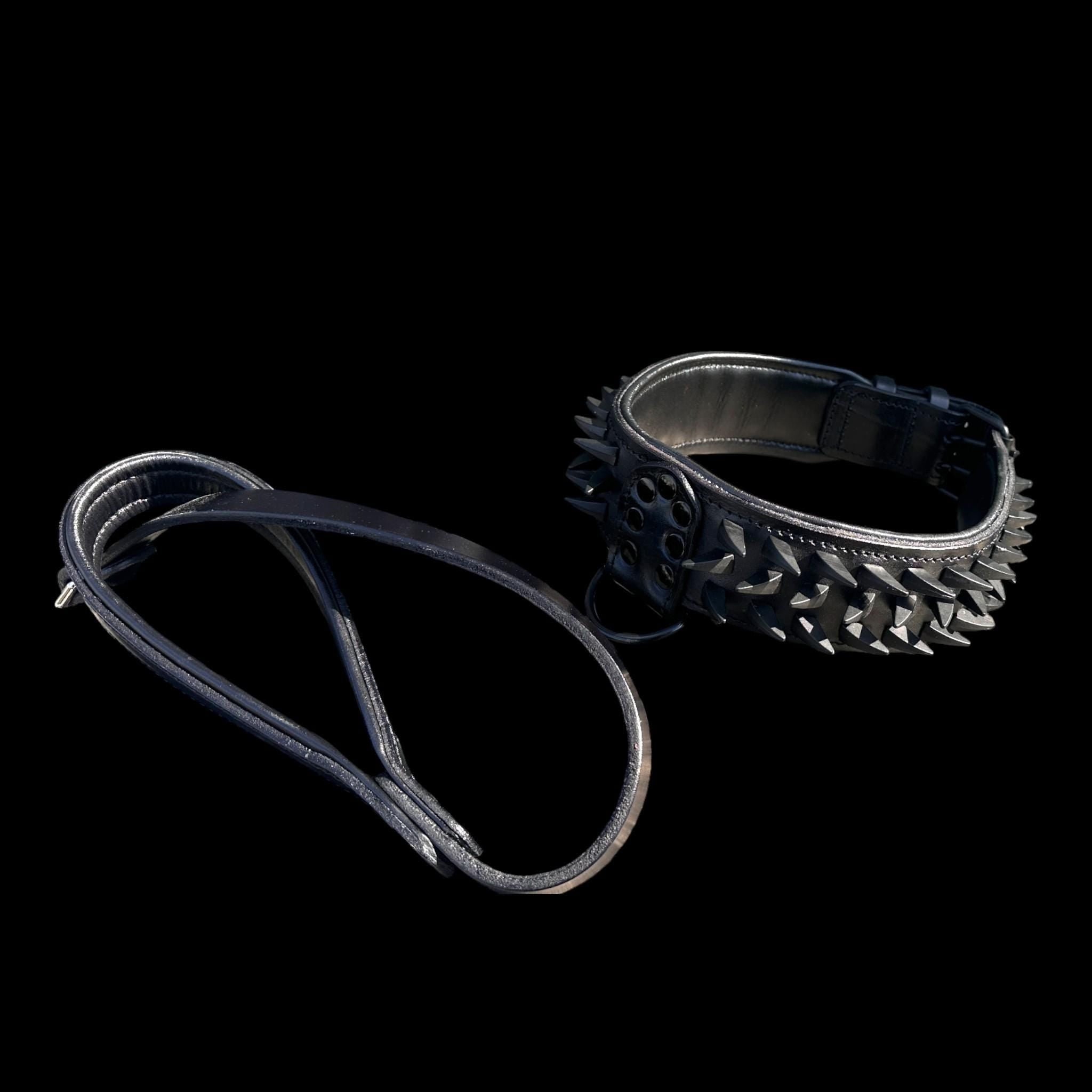 Black Spiked Leather Dog Harness Collar Leash Set | Heavy Duty, Bully Breed