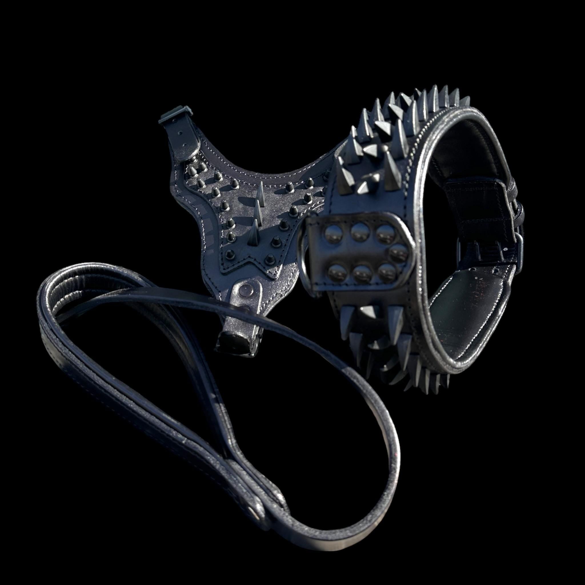 Black Spiked Leather Dog Harness Collar Leash Set | Heavy Duty, Bully Breed