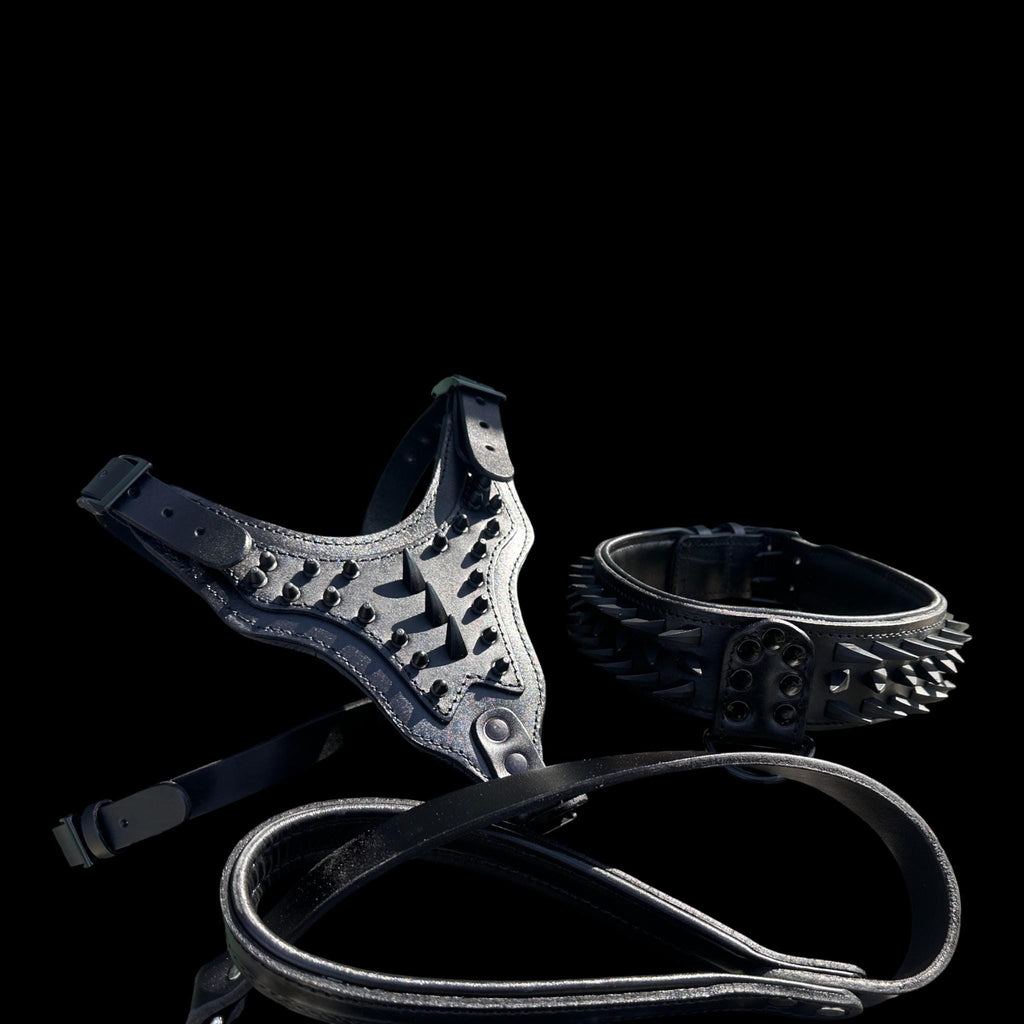 Black Spiked Leather Dog Harness Collar Leash Set | Heavy Duty, Bully Breed