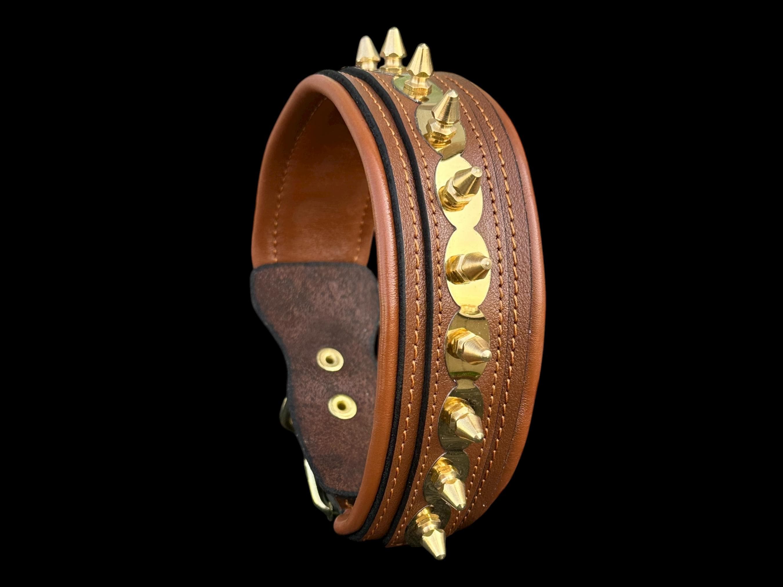 Buffalo Leather Spiked Dog Collar – Handmade Brown Gold Edition,