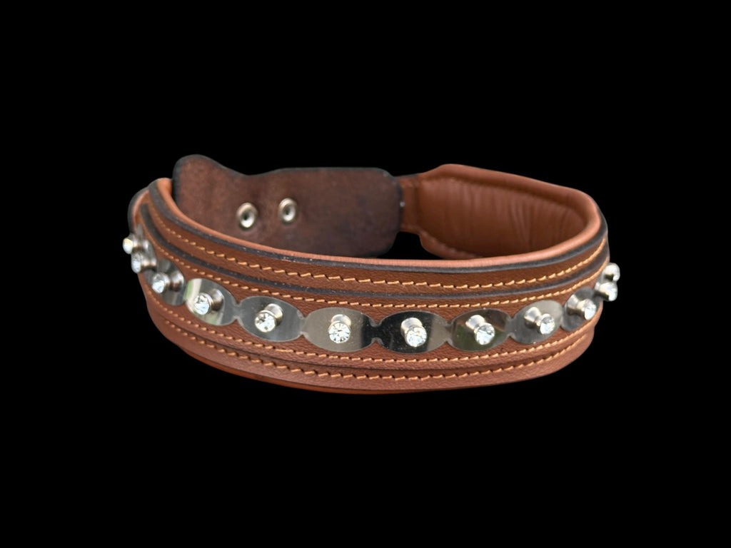 Buffalo Leather Crystal Dog Collar – Handmade Brown Silver Edition